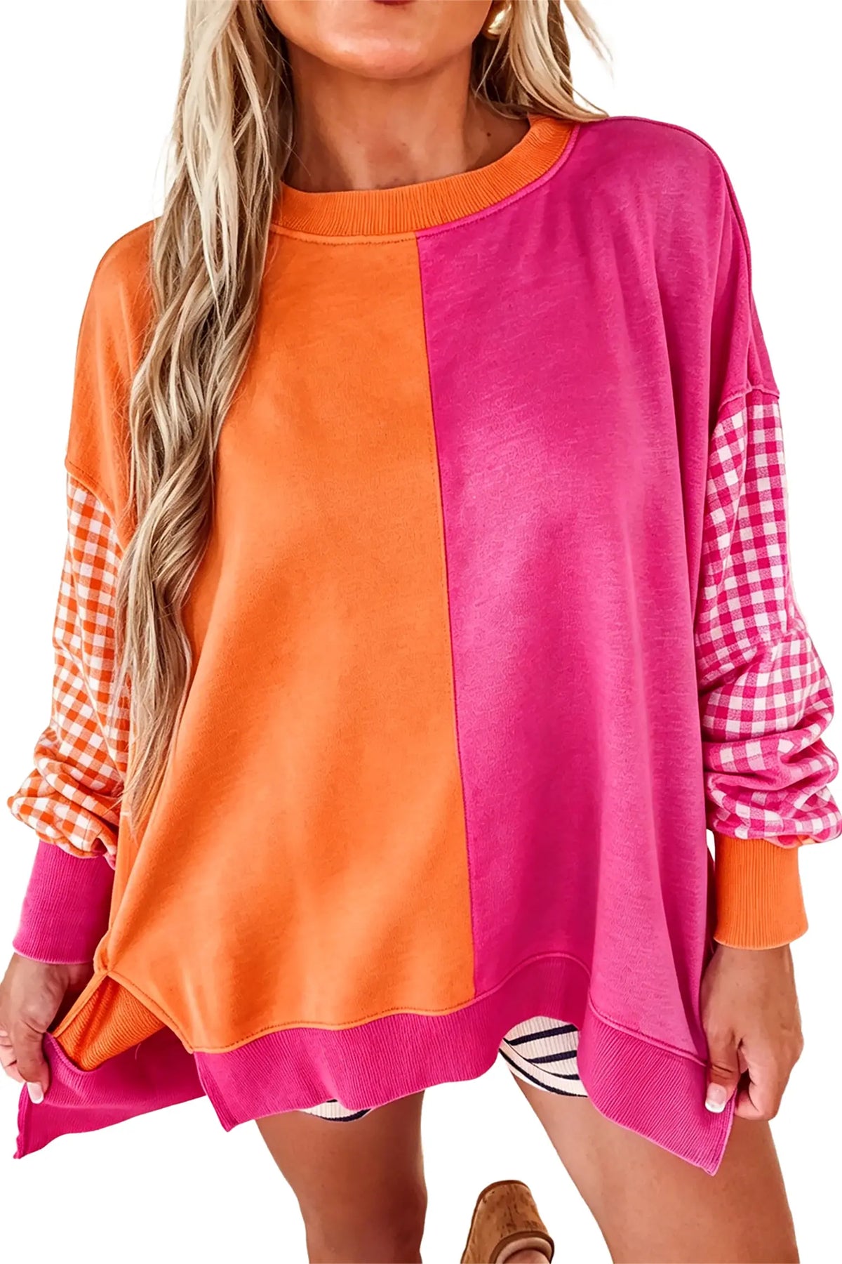 Colourblock Gingham Sleeve Crewneck Sweatshirt – Rose Red