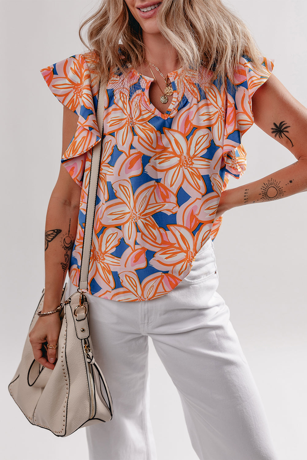 Orange Summer Flower Print Notched Neck Ruffle Sleeve Blouse eAura