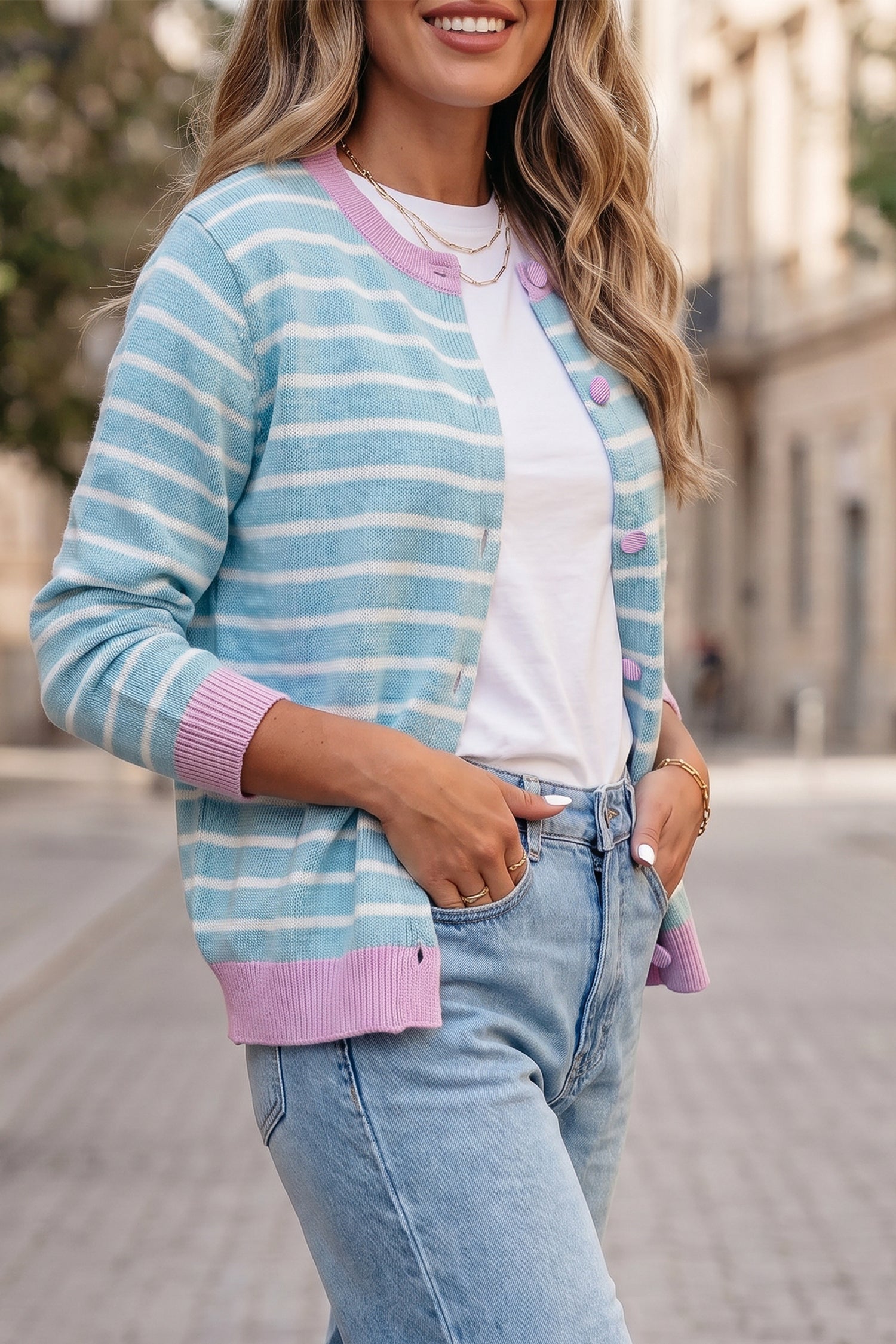 Contrast Trim Button Down Casual Sweater Cardigan – Sky Blue Stripe