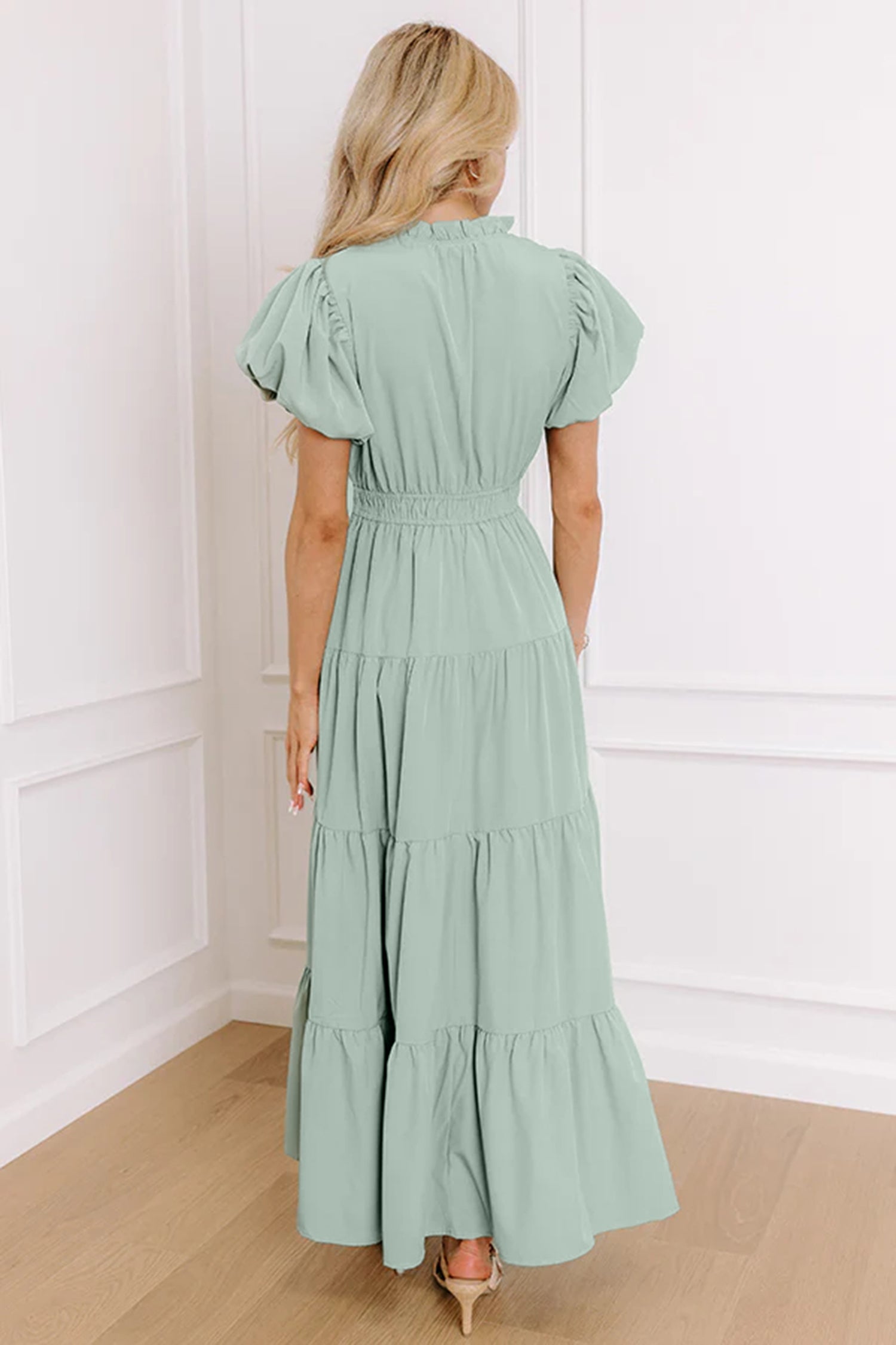 Women's V-Neck Puff Sleeve Tiered Maxi Dress