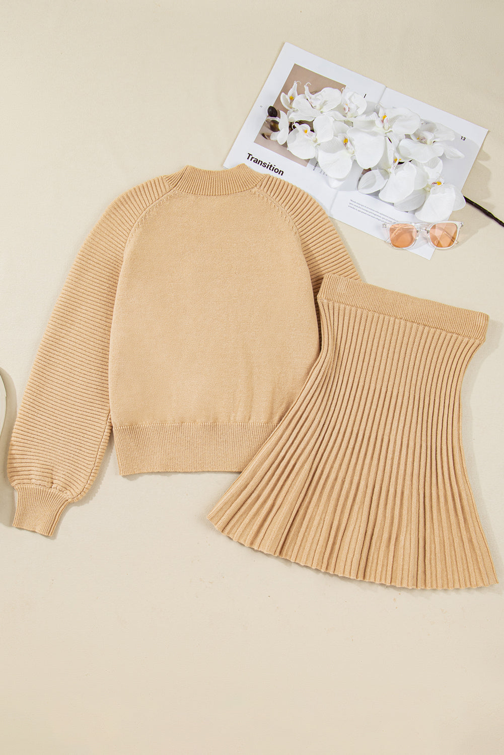 High Neck Puff Sleeve Sweater and Pleated Mini Skirt Co-ord Knit Outfit - eAura