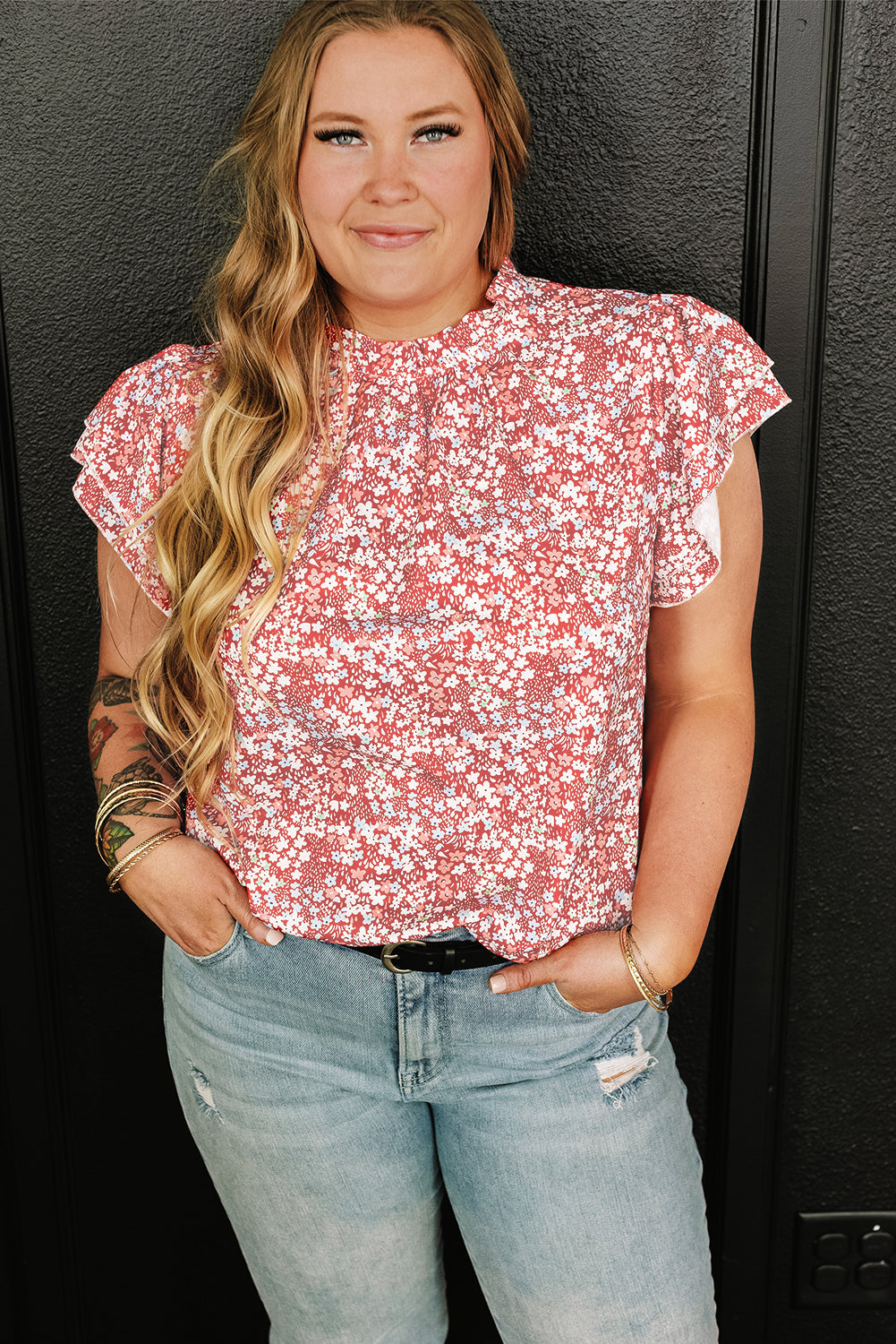 Pink Plus Size Floral Print Ruffled Sleeve Frilled Neck Blouse BB Fashion Outlet