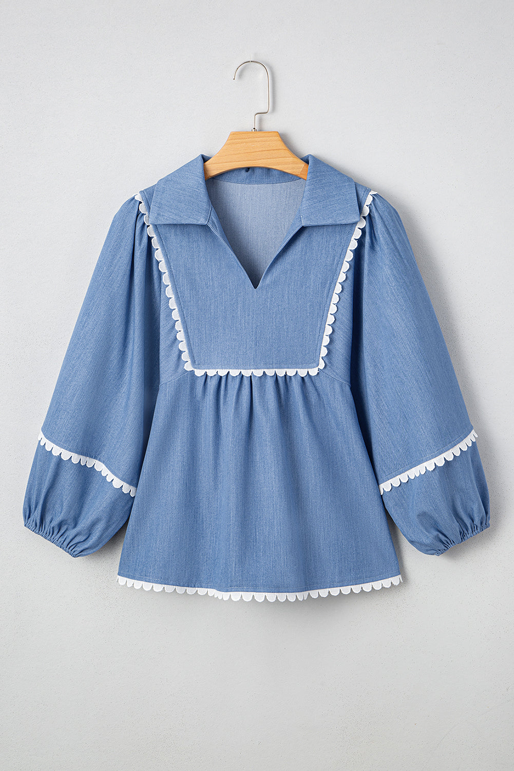 Dusk Blue Lace Ric Rac 3/4 Puff Sleeve Collared Babydoll Blouse eAura