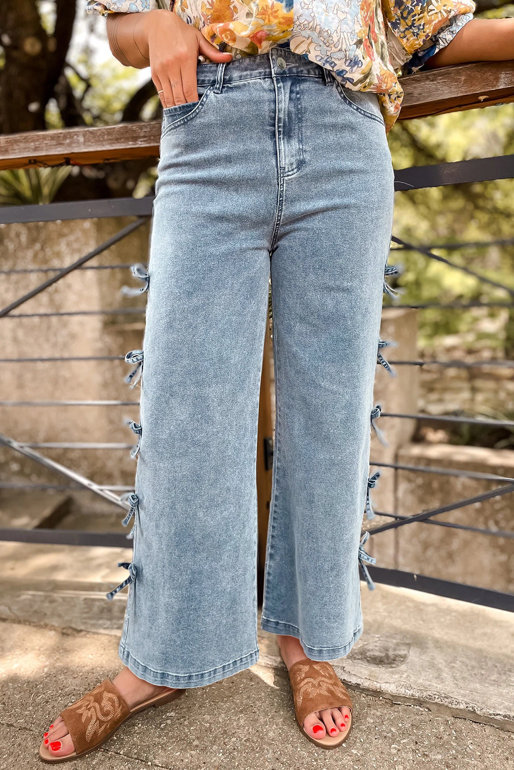 Bow Knot Side Detail Straight Leg Loose Jeans - eAura