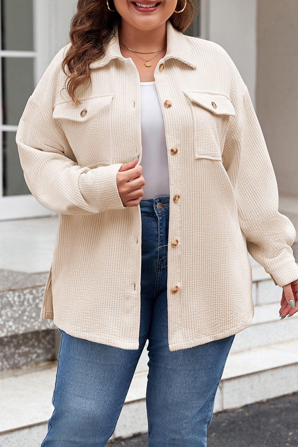 Oatmeal Textured Flap Pockets Buttoned Plus Size Shacket Beagle Boutique Fashion Outlet