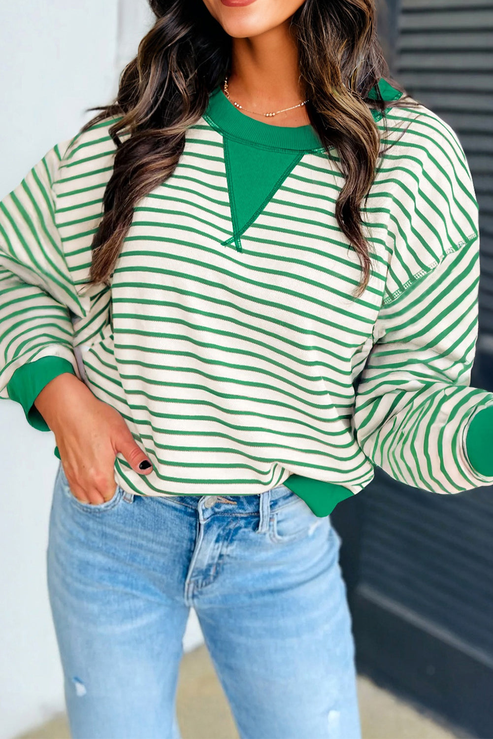 Green Striped Exposed Seam Pullover Top - eAura