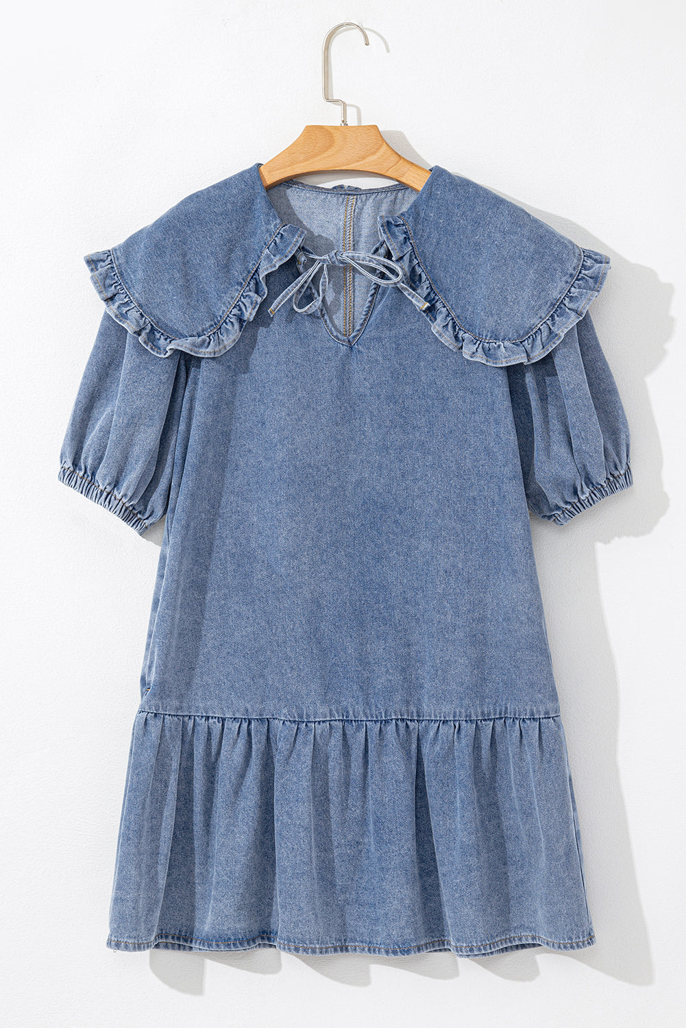 Dusk Blue Ruffled Collared Side Pockets Puff Sleeve Denim Mini Dress eAura