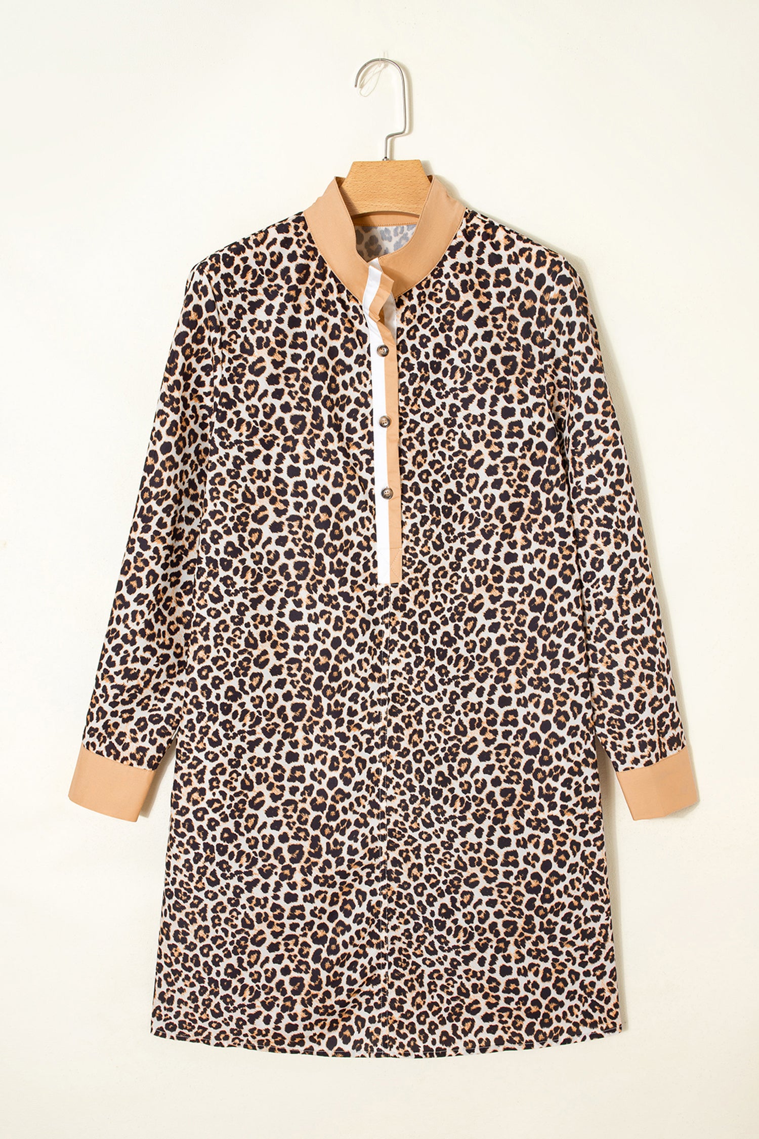 Multicolour Button Striped Collar Leopard Print Long Sleeve Dress