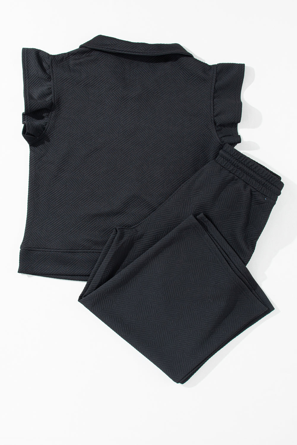 Black Textured Flutter Sleeve Top Wide Leg Trousers Set Co-ord eAura