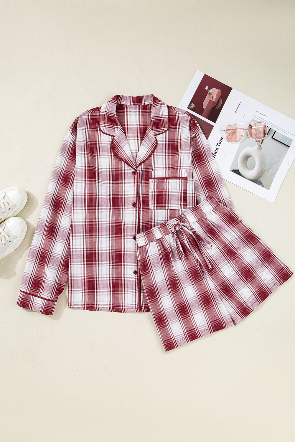 Red Retro Plaid Long Sleeve Shirt Drawstring Shorts Pyjama Set - eAura