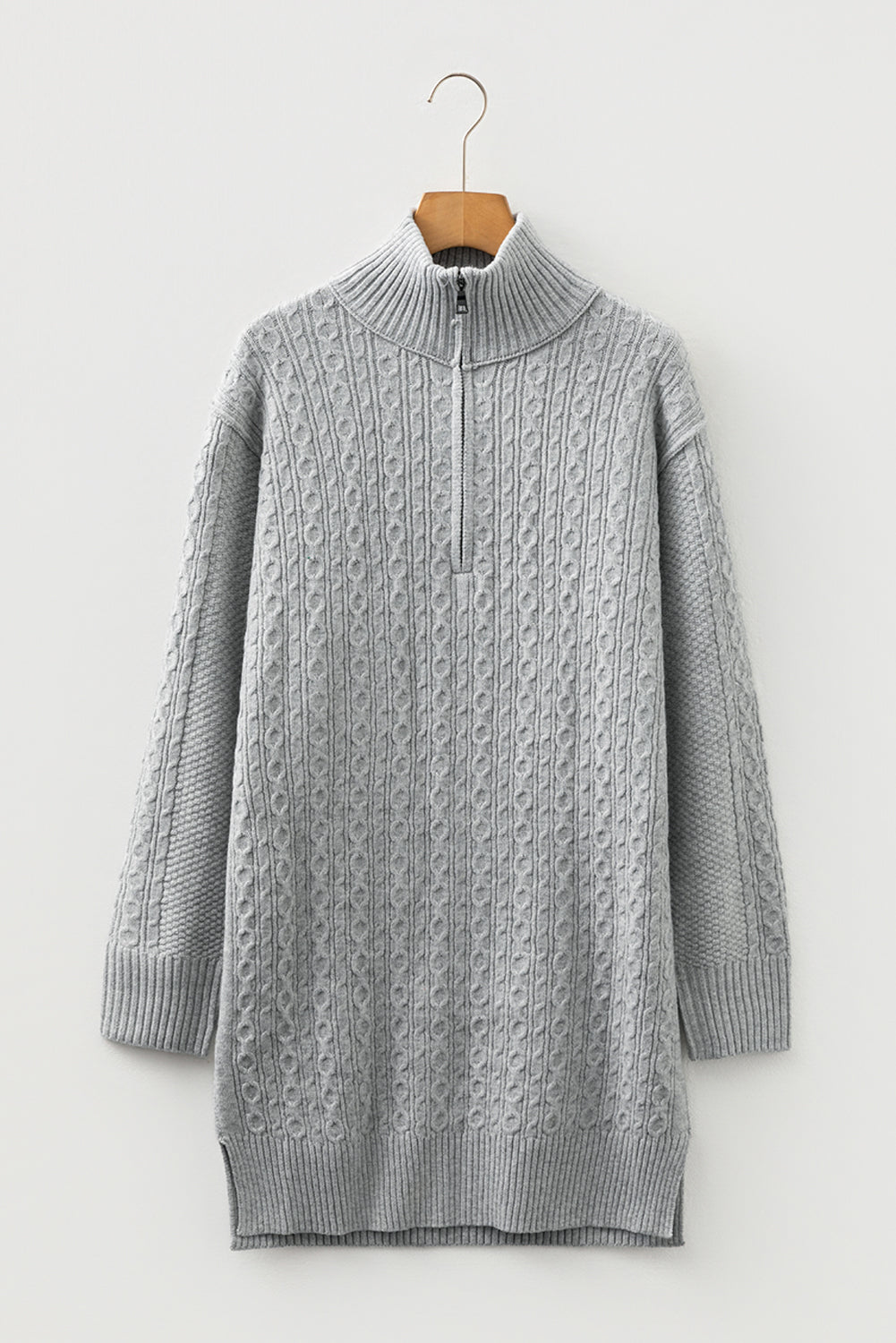 Cable Knit Quarter Zip Ribbed Trim Loose Sweater Dress - eAura