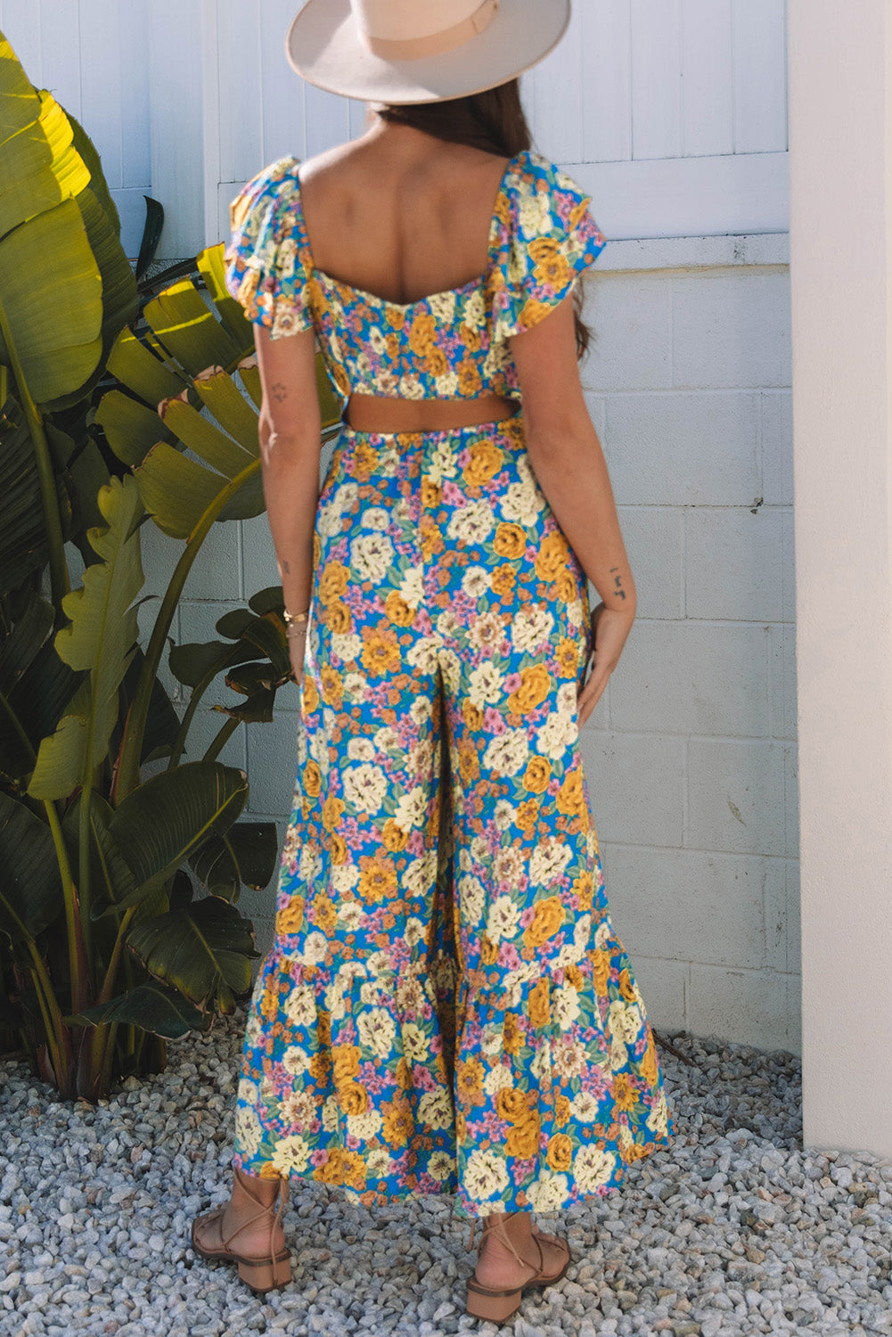 Yellow Floral Allover Print Shirred Cut Out High Waist Jumpsuit eAura