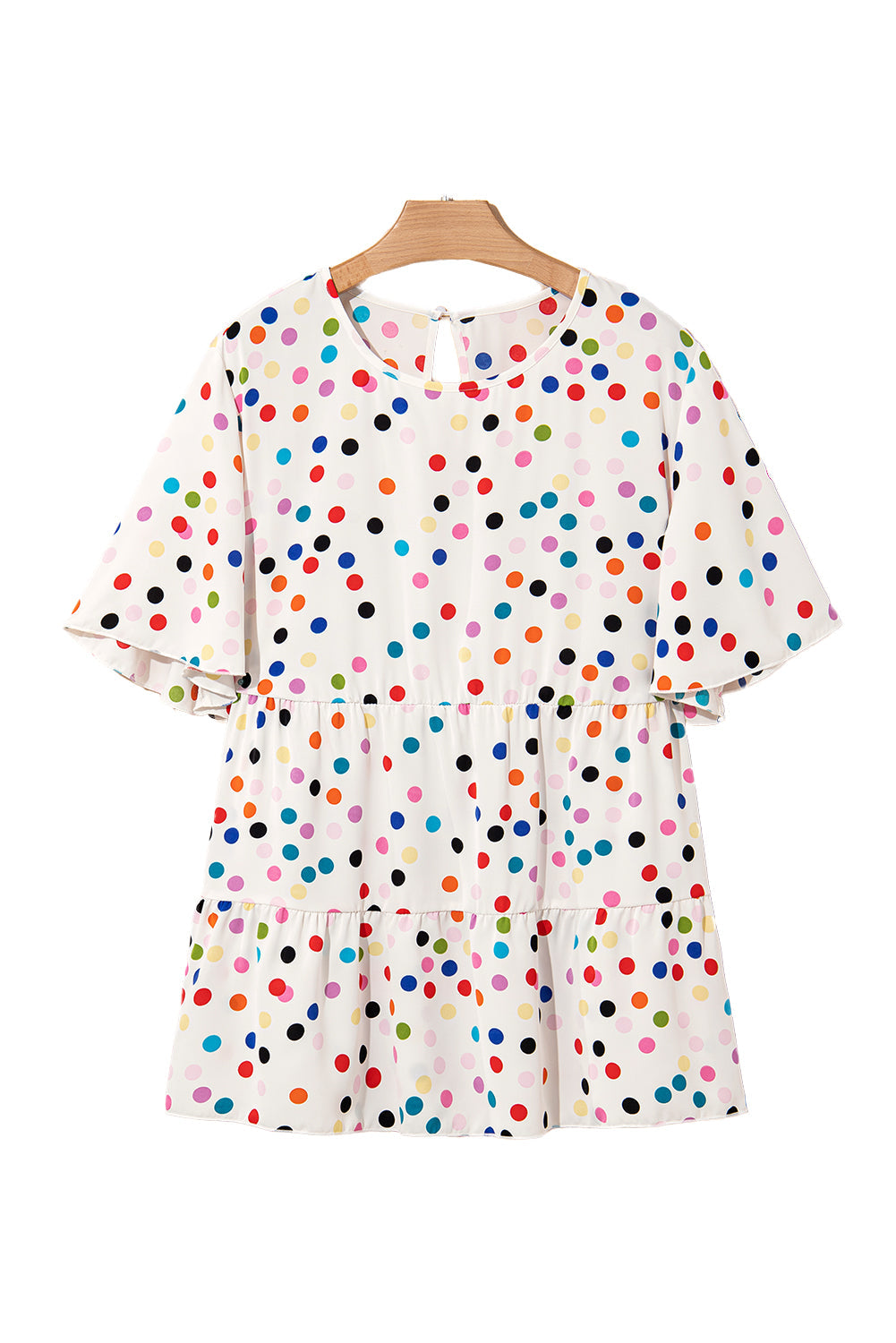 Beige Colourful Polka Dot Print Short Sleeve Ruffled Plus Size Babydoll Blouse BB Fashion Outlet