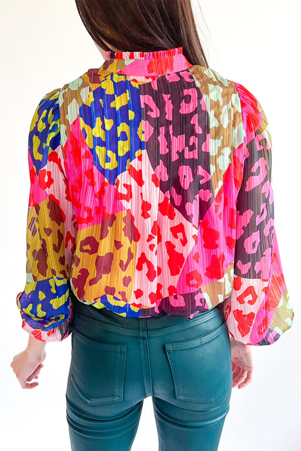Rose Leopard Patchwork Print Pleated Blouse BB Fashion Outlet