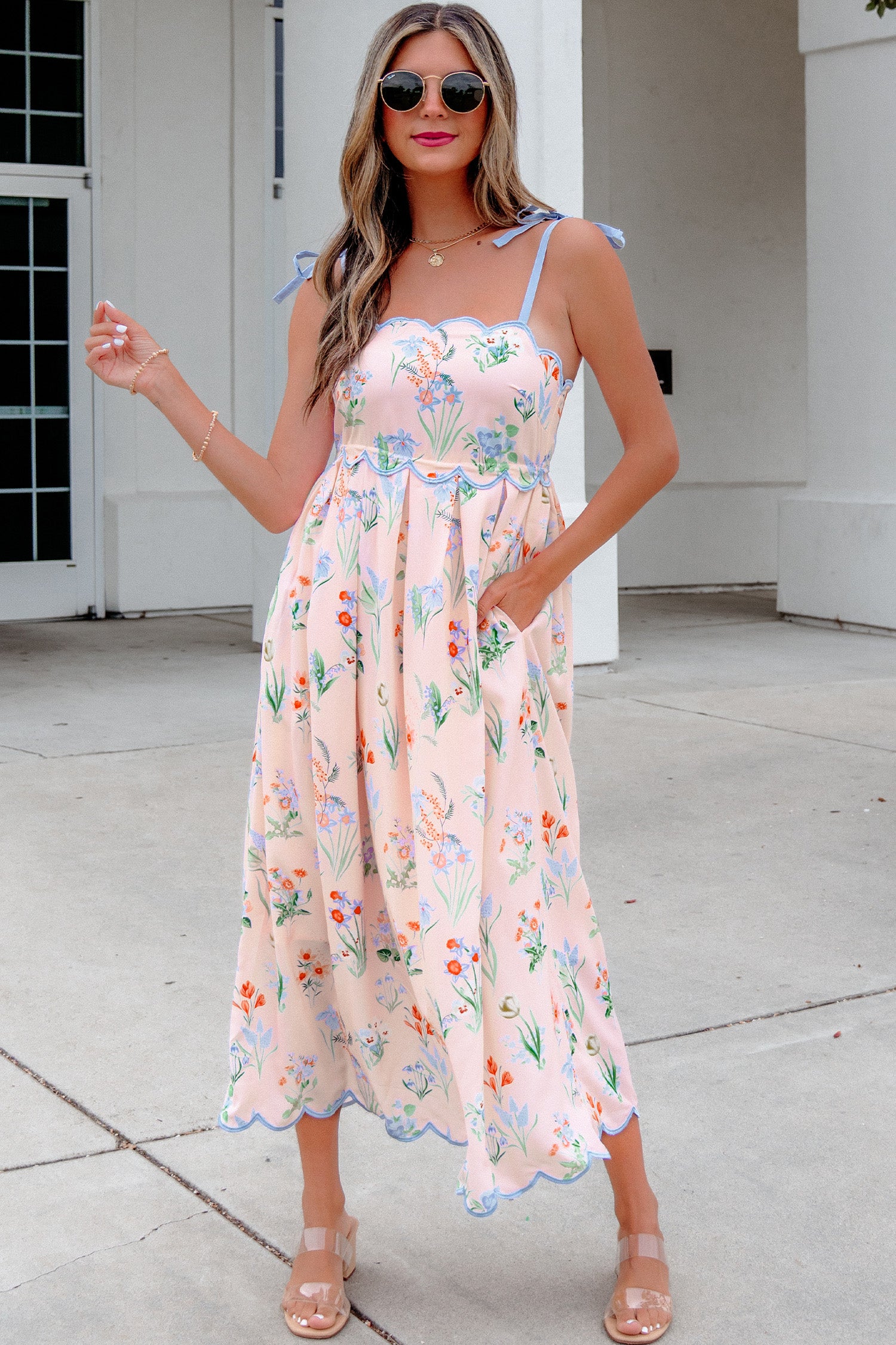 Floral Print Contrast Trim Self-Tie Straps Midi Dress
