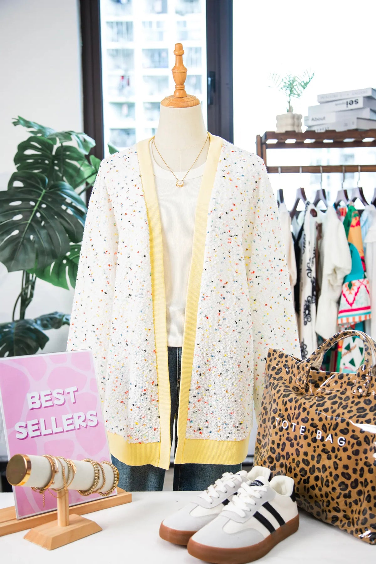 Cardigan Relaxed Oversized Confetti Knit with Contrast Ribbed Cuffs