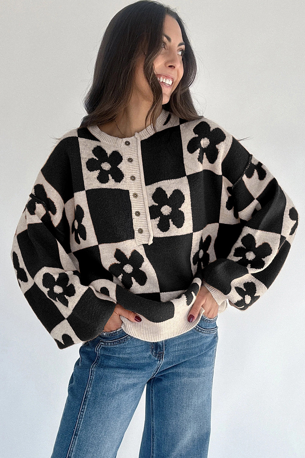 Flower Colourblock Checkered Henley Sweater - eAura