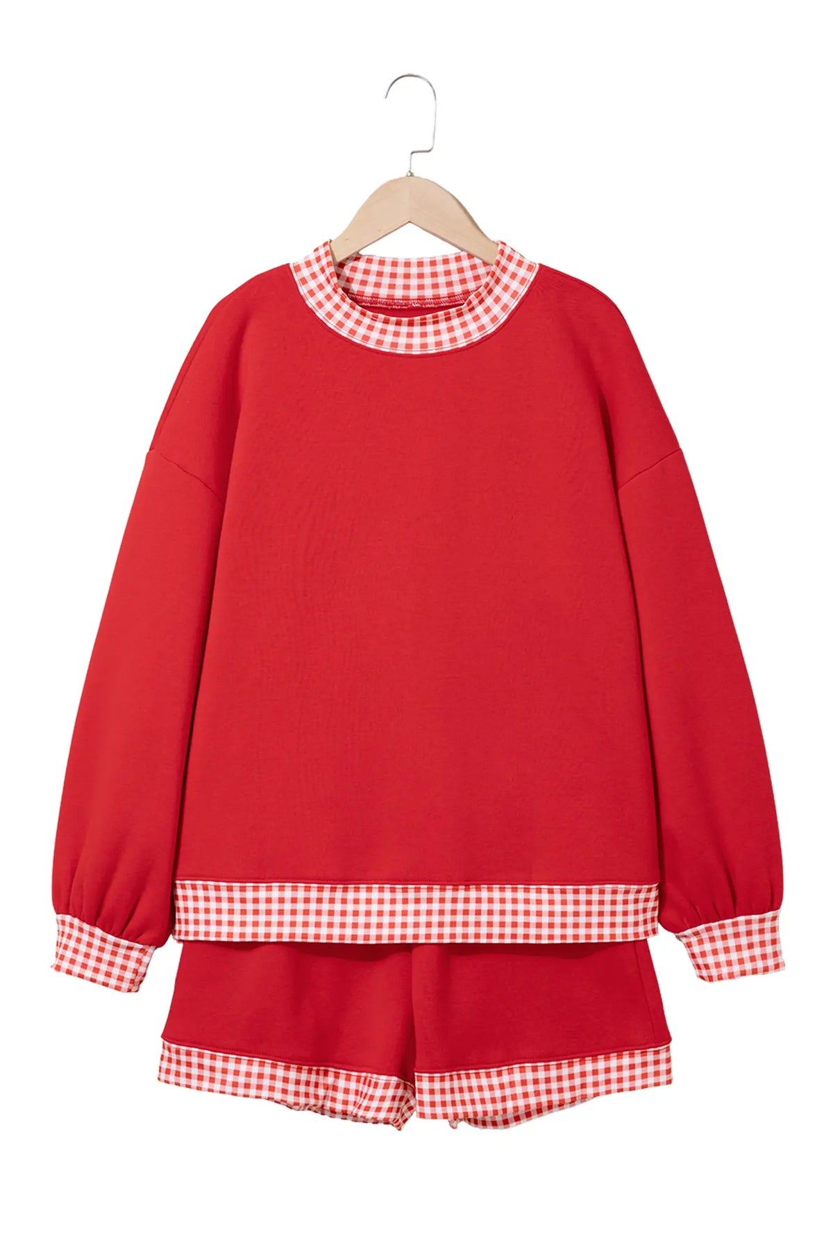 Gingham Trim Baggy Pullover 2pcs Short Set – Fiery Red