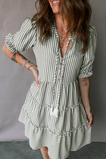 Stripe Tasseled Tie Neck Ruffled Short Sleeve Tiered Dress