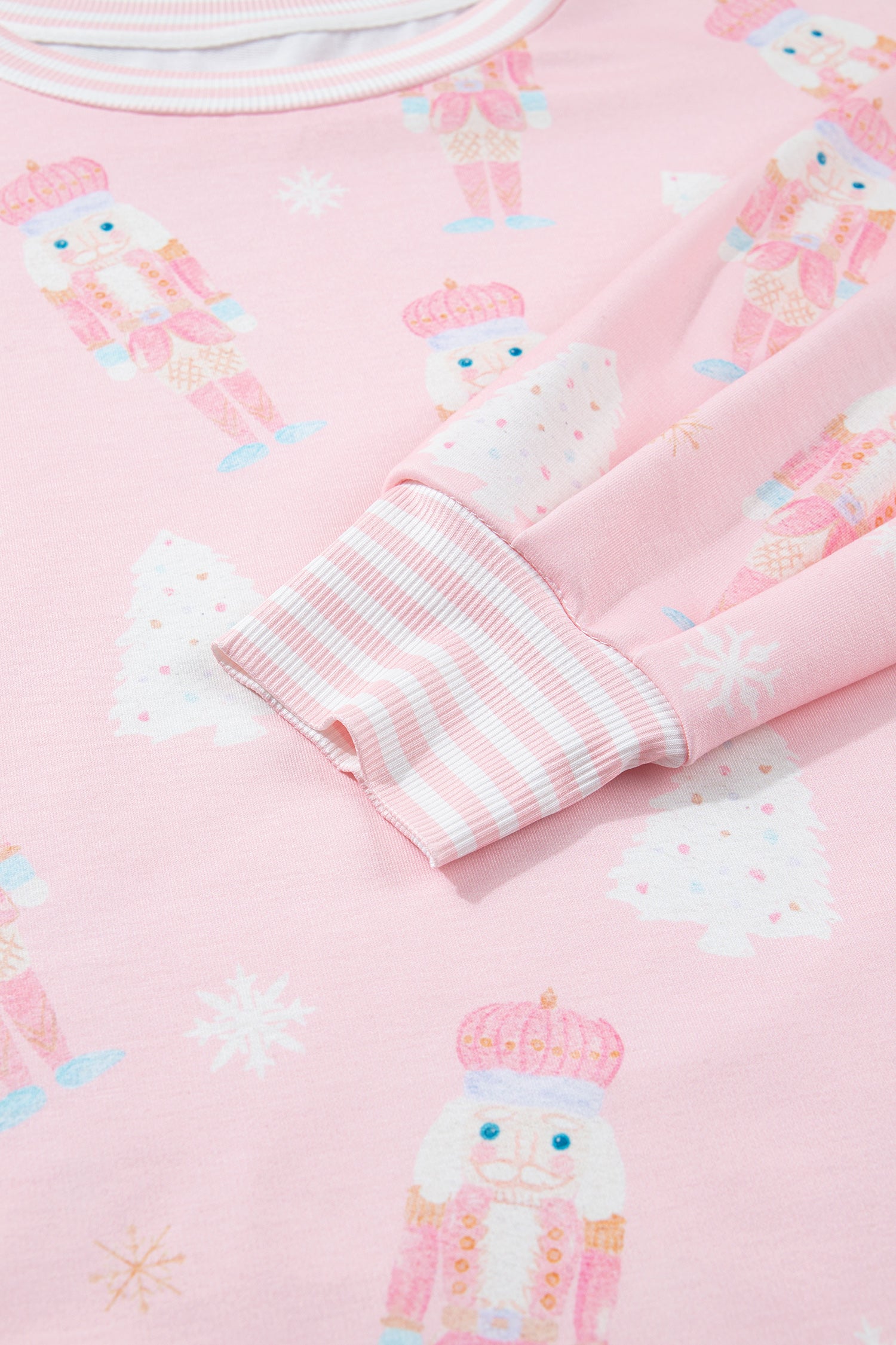 Pink Christmas Tree Nutcracker Doll Print Contrast Trim Long Sleeve Top Matching Shorts Set - Two Piece Sets/Short Sets
