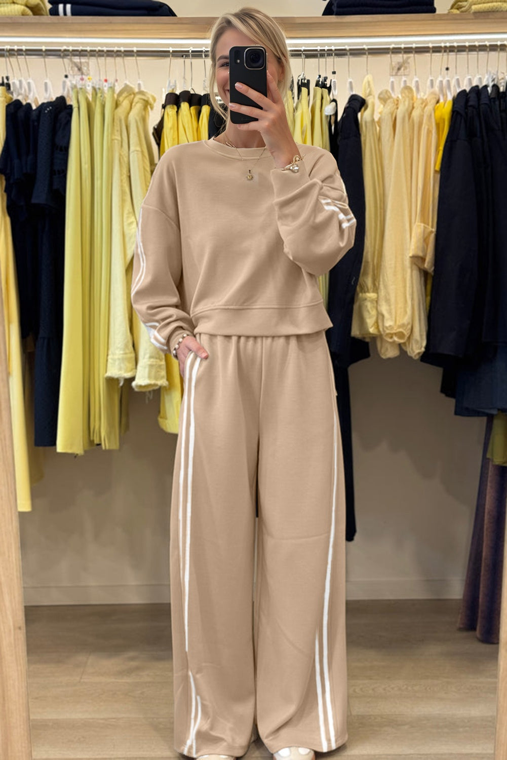 Varsity Striped Detail Crewneck Pullover Elastic Sweatpants 2pcs Co-ord eAura