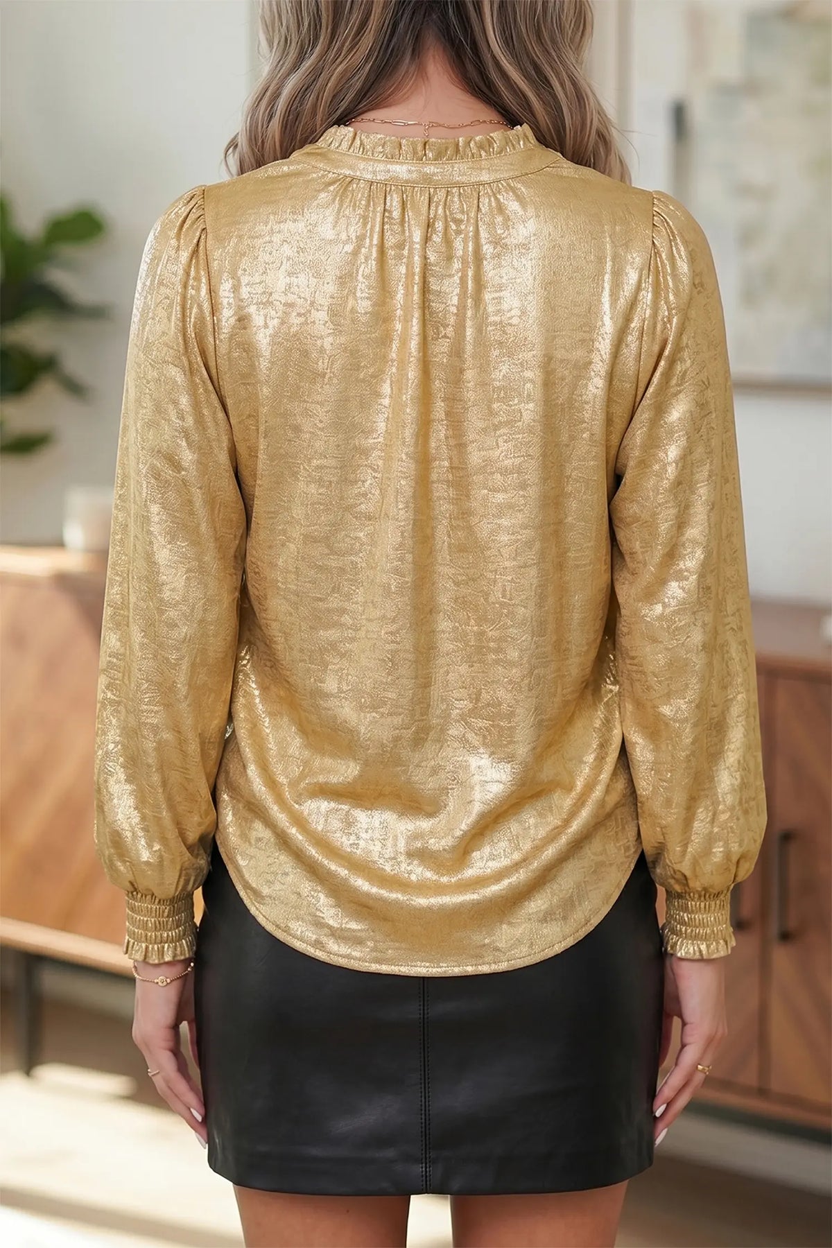 Metallic Sheen V Neck Gathered Cuff Long Sleeve Blouse – Gold