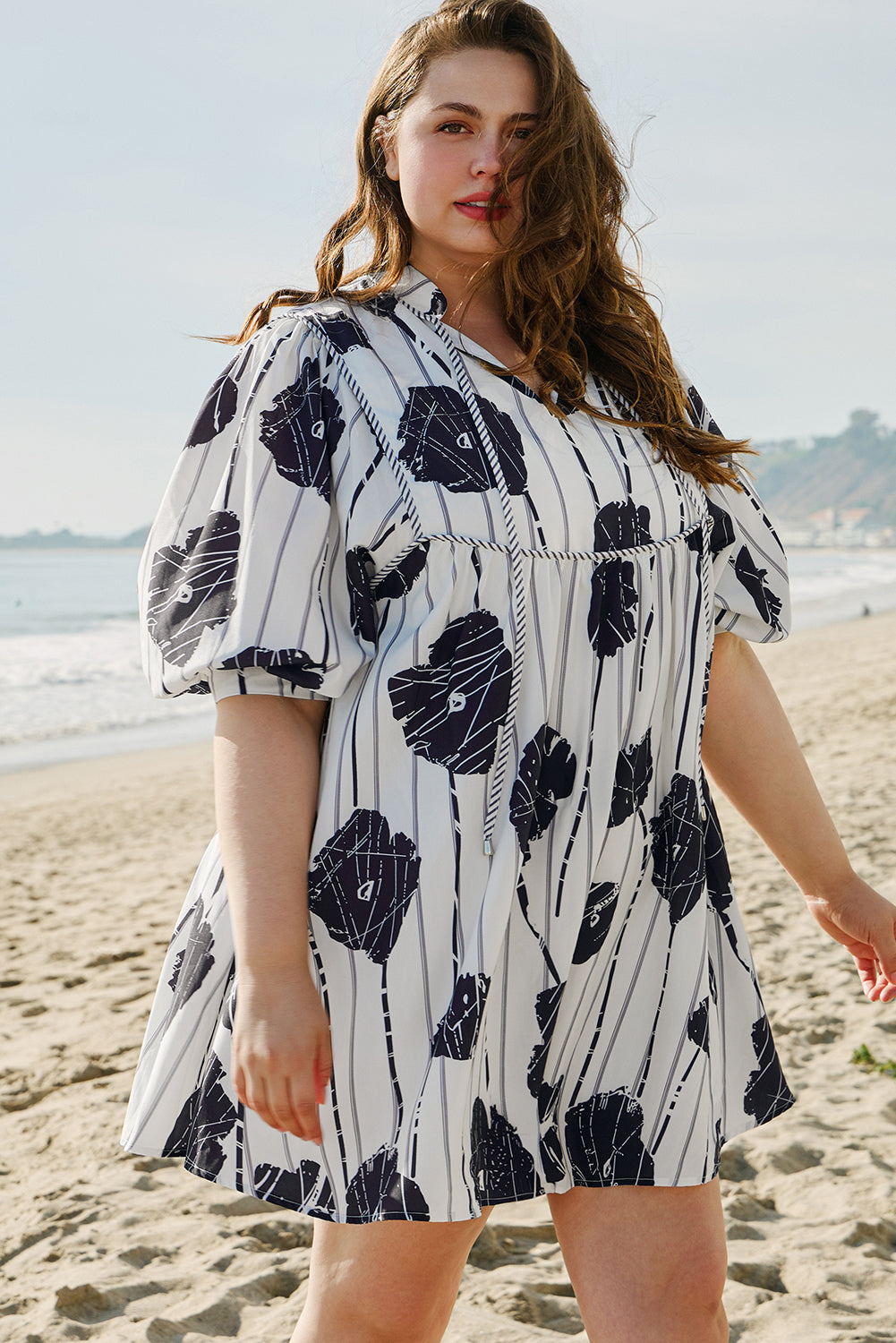Black Plus Size Floral 3/4 Puff Sleeve Lace-up Neck Mini Dress BB Fashion Outlet