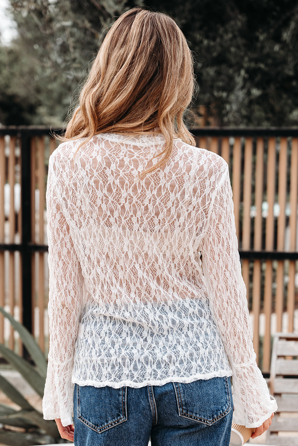 White Sheer Lace Bell Sleeve Mock Neck Blouse - eAura