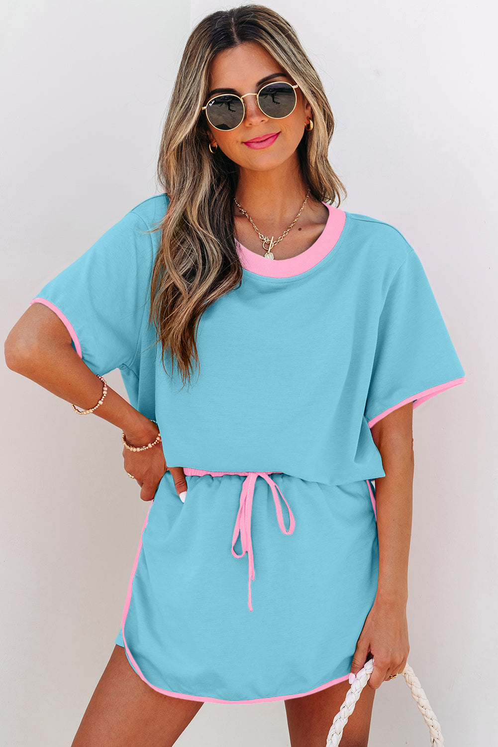 Turquoise Colourblock Edge Drop Shoulder T Shirt and Skirt Co-ord eAura