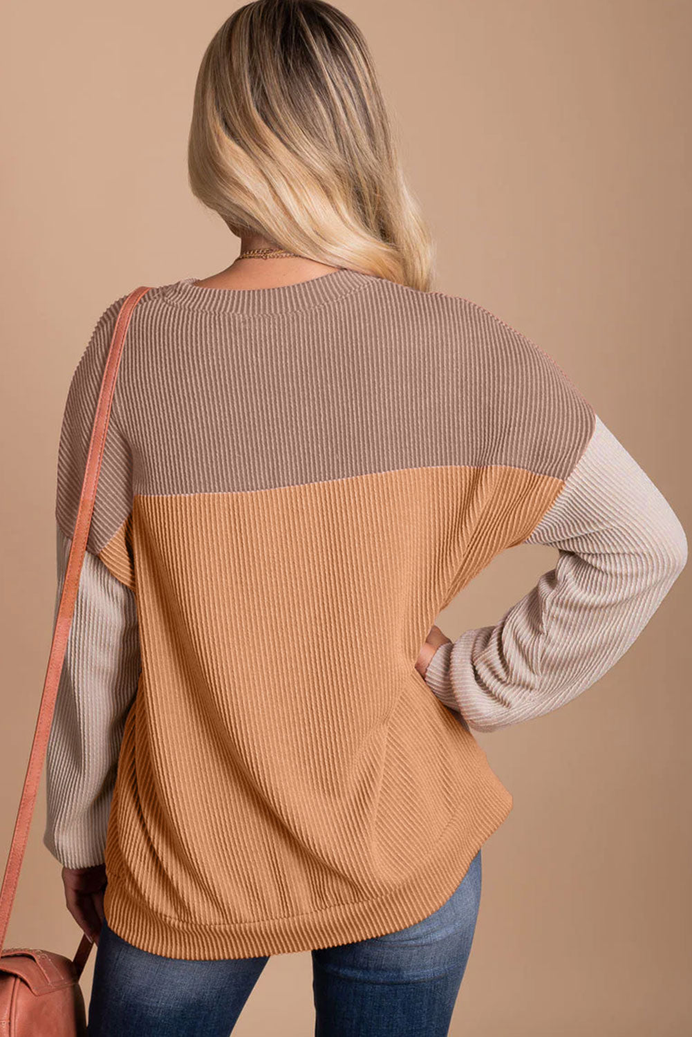 Khaki Colour Block Long Sleeve Ribbed Loose Top eAura