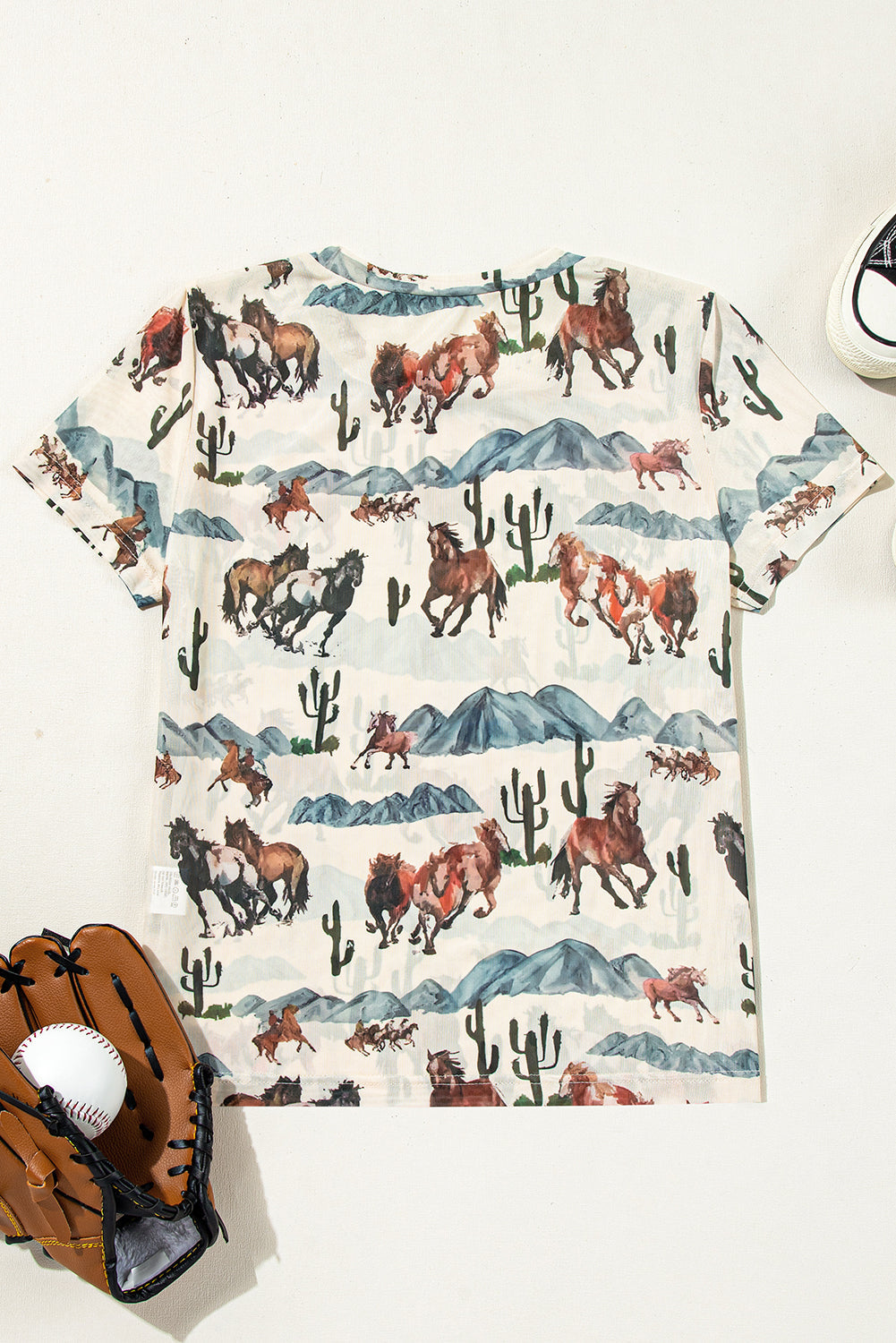 Beige Western Fashion Mustang River Printed Mesh T Shirt eAura