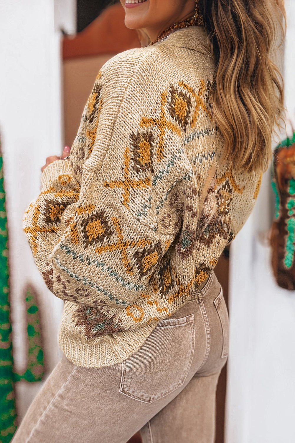 Khaki Western Pattern Knit Button V-Neck Cardigan eAura