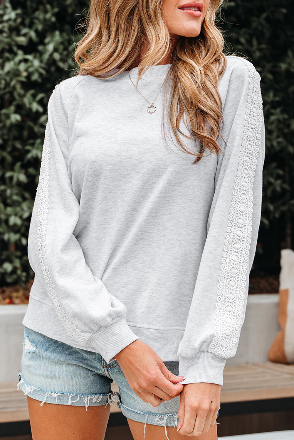 Grey Lace Patchwork Raglan Sleeve Sweatshirt - eAura