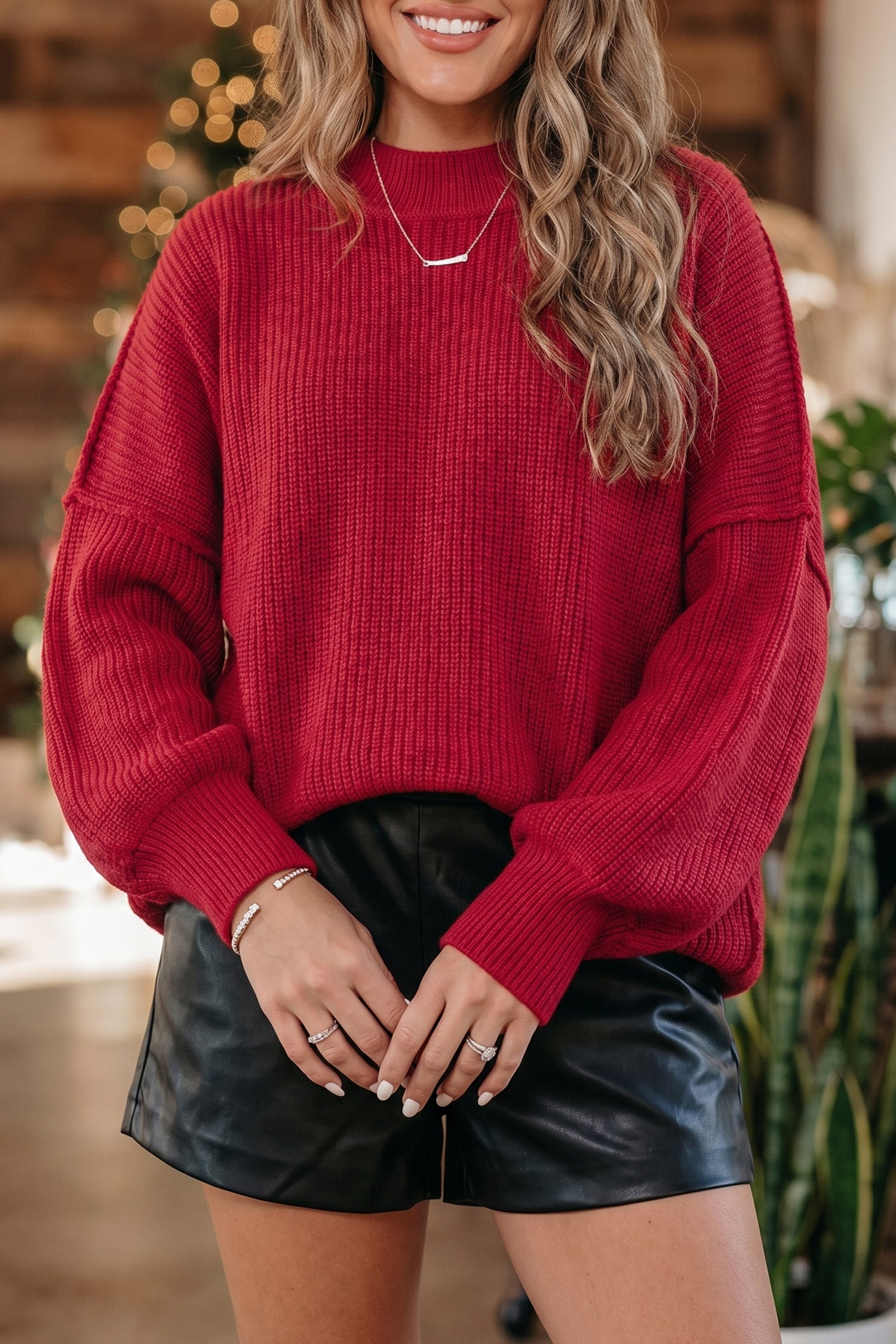 Long Sleeve Ribbed Knit Stand Neck Regular Fit Sweater – Chestnut