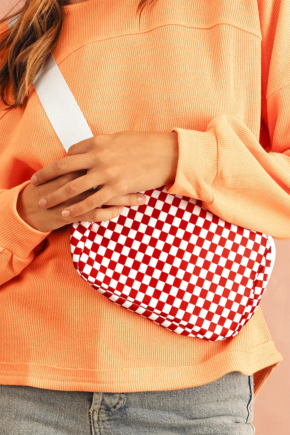 Fiery Red Checkered Print Zipped Buckle Strap Crossbody Bag