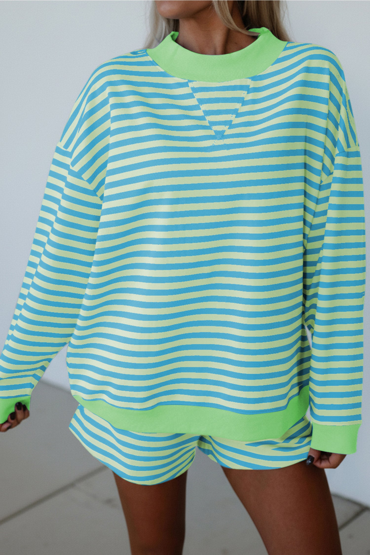 Color Block Detail Long Sleeve Pullover Elastic Waist Pull On Shorts 2pcs Set – Yellow Stripe