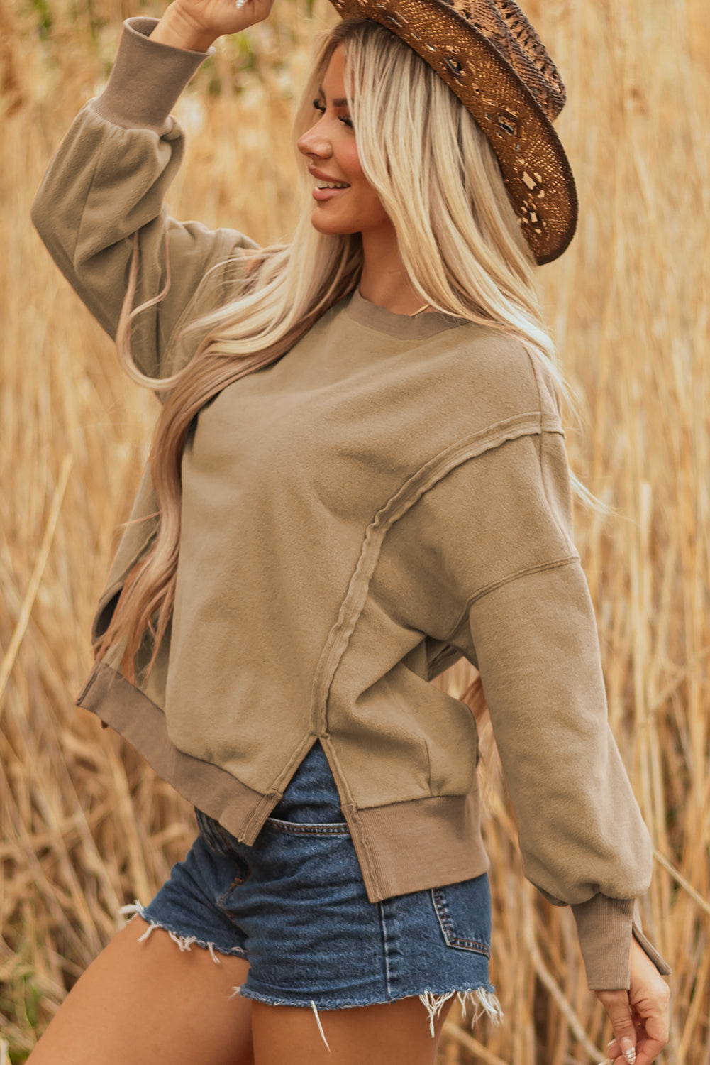 Fuzzy Sherpa Splicing Pullover Sweatshirt with Side Slit - eAura