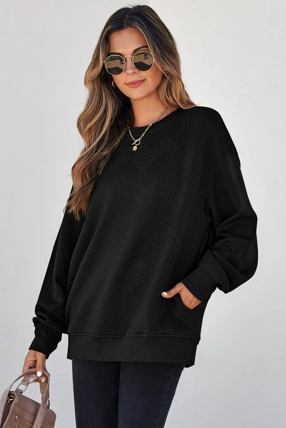 Jungle Solid Colour Textured Round Neck Drop Shoulder Pullover Sweatshirt – Green