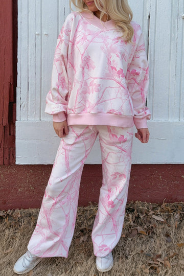 Abstract Plant Print Long Sleeve V Neck Pant Set – Pink
