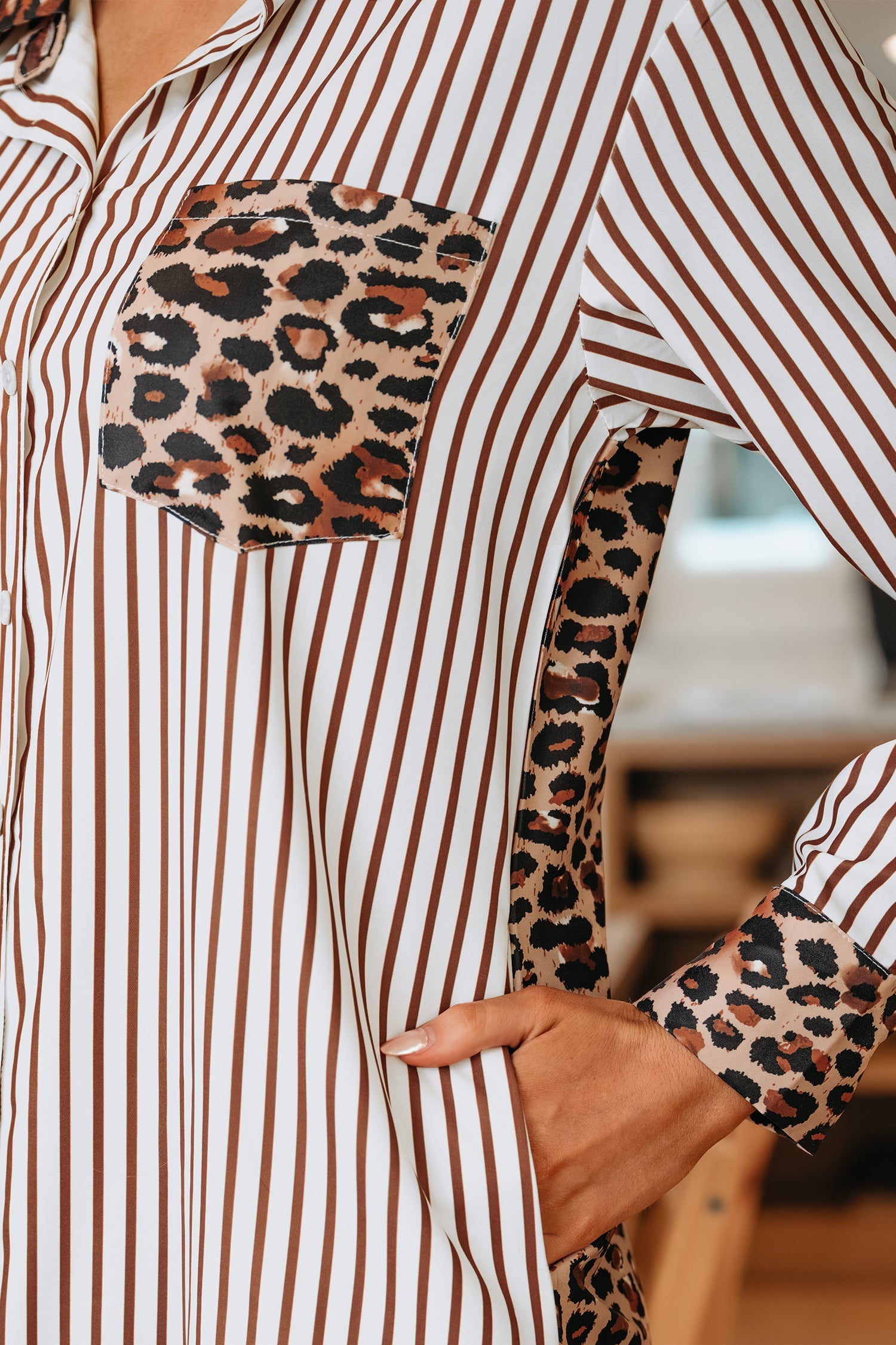 Stripe Contrast Leopard Patchwork Long Shirt Dress with Slits - Dresses/Maxi Dresses