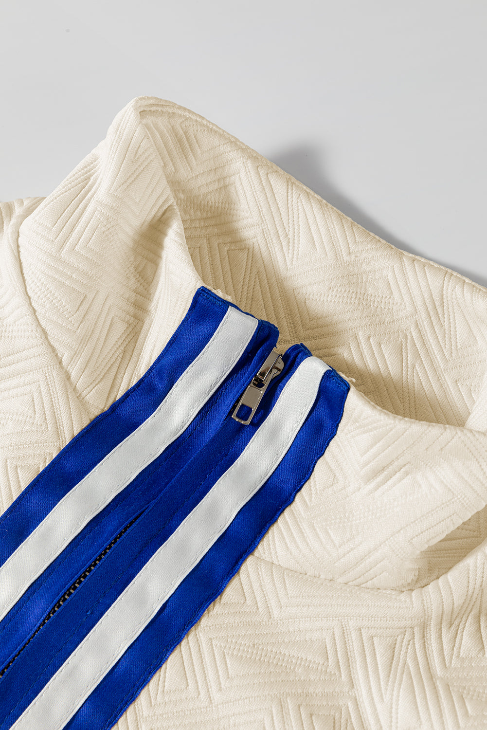 Beige Preppy Striped Trim Textured Quarter Zipper Colourblock Short Sleeve Top eAura