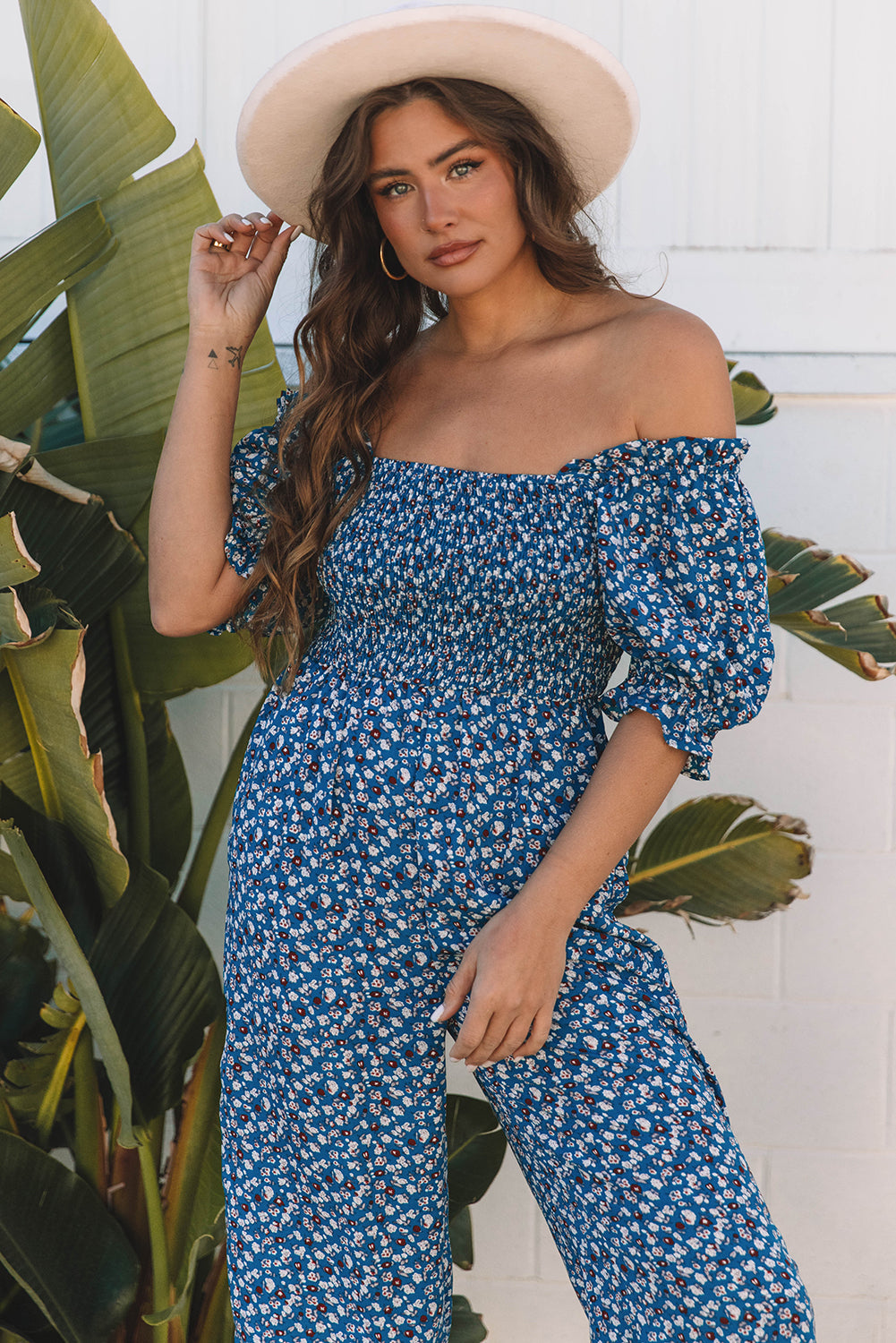 Blue Vintage Boho Floral Smocked Short Puff Sleeve Wide Leg Jumpsuit eAura