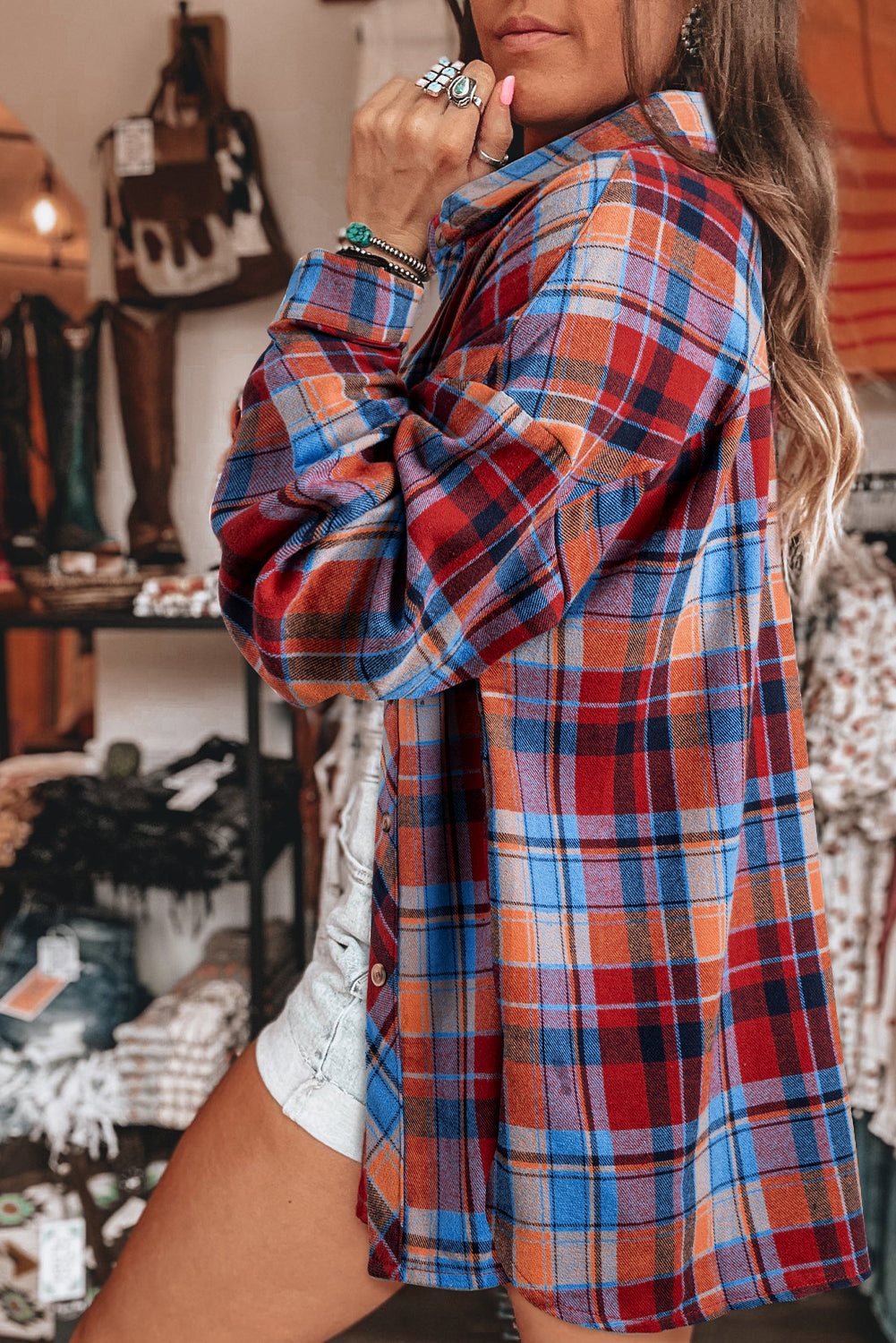 Red Plaid Print Loose Vintage Shirt eAura