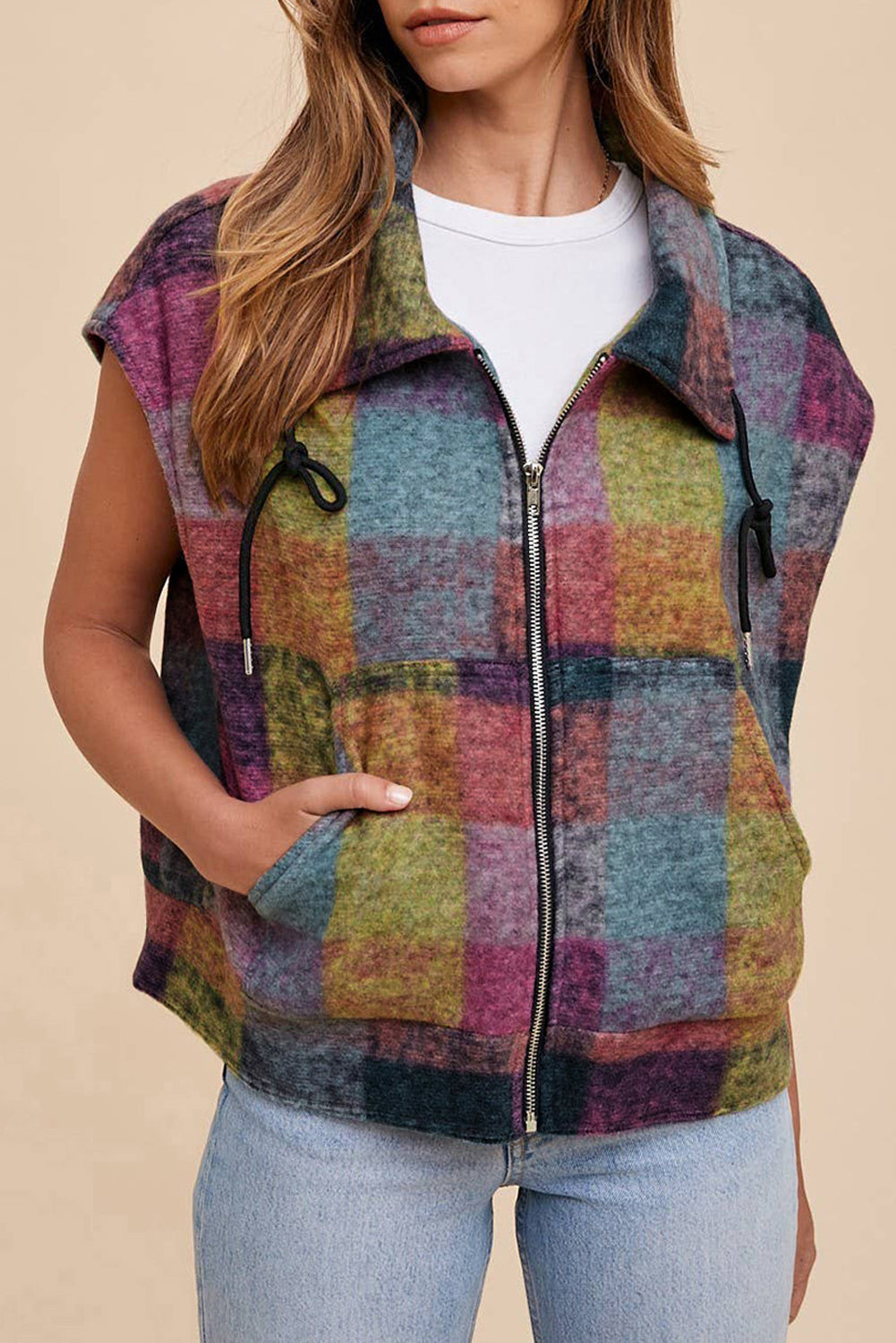 Multicolour Plaid Print Loose Sleeveless Jacket eAura