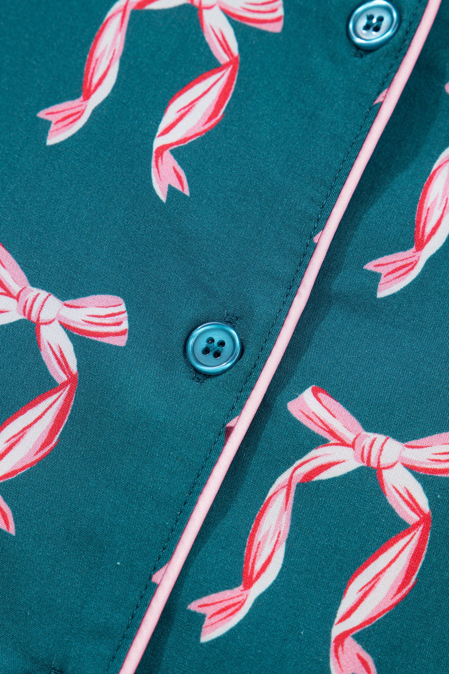 Green Ribbon Bow Print Long Sleeve Shirt and Shorts Pyjama Set - Loungewear & Sleepwear/Sleepwear