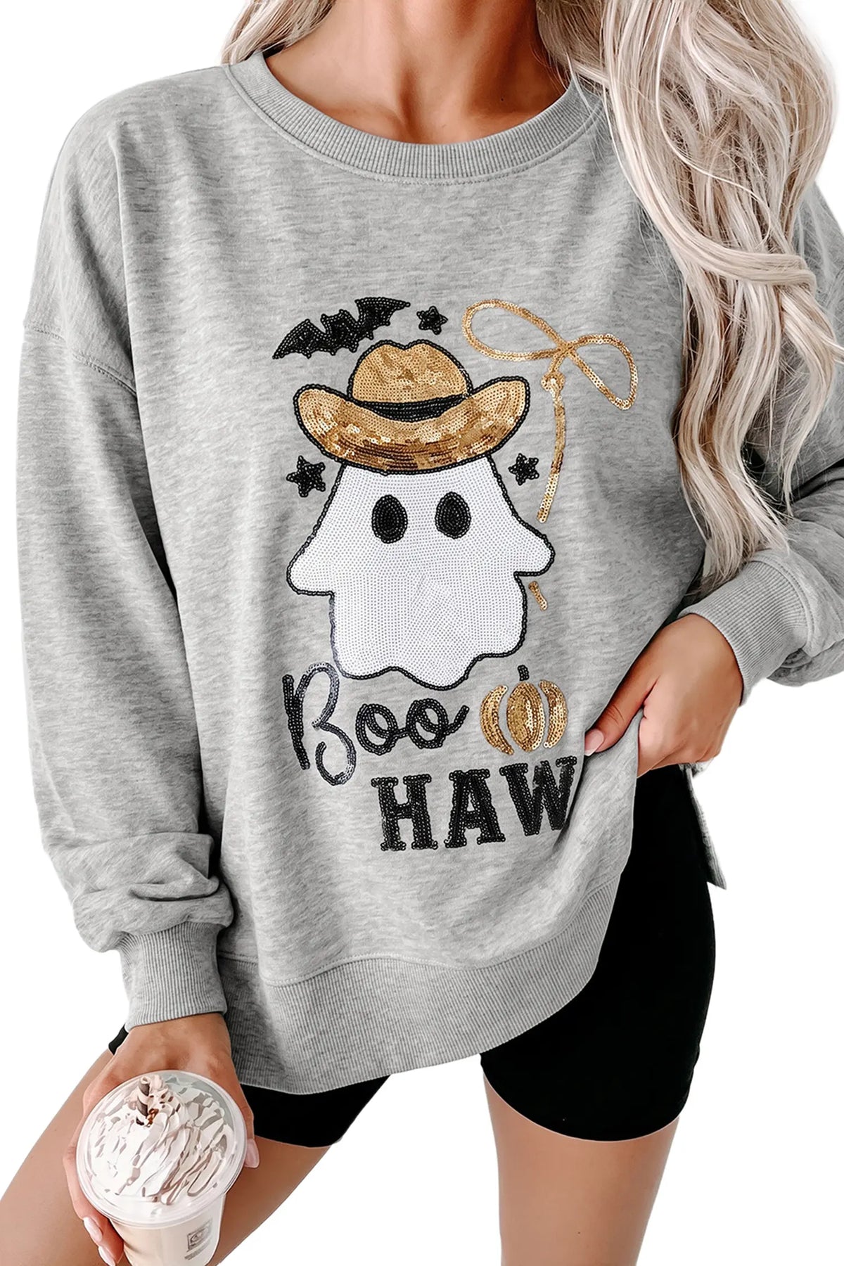 Sequin Western Ghost Print Long Sleeve Round Neck Sweatshirt – Medium Grey