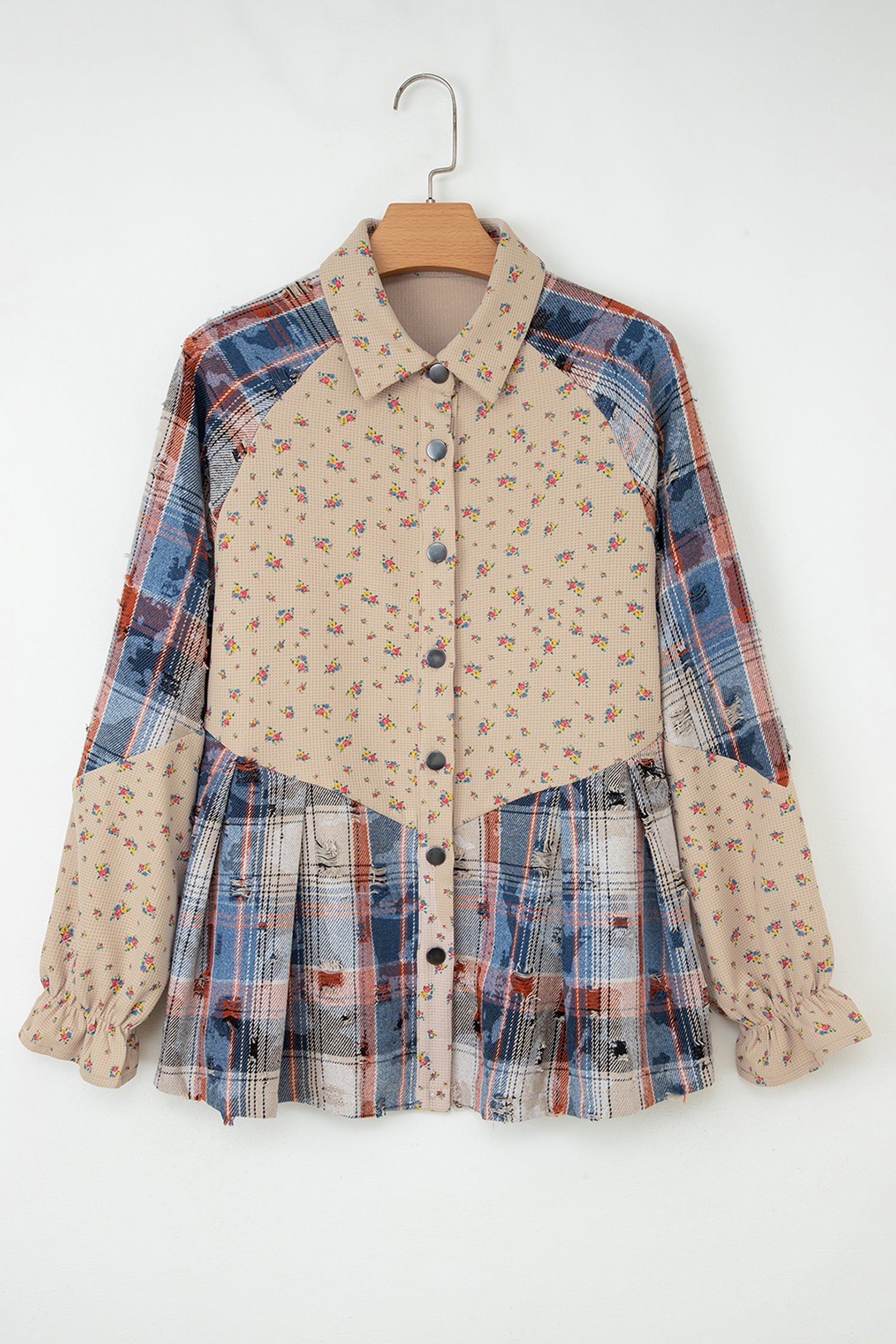 Boho Floral Plaid Patchwork Distressed Detail Ruffled Sleeve Waffle Shacket - Outerwear/Jackets