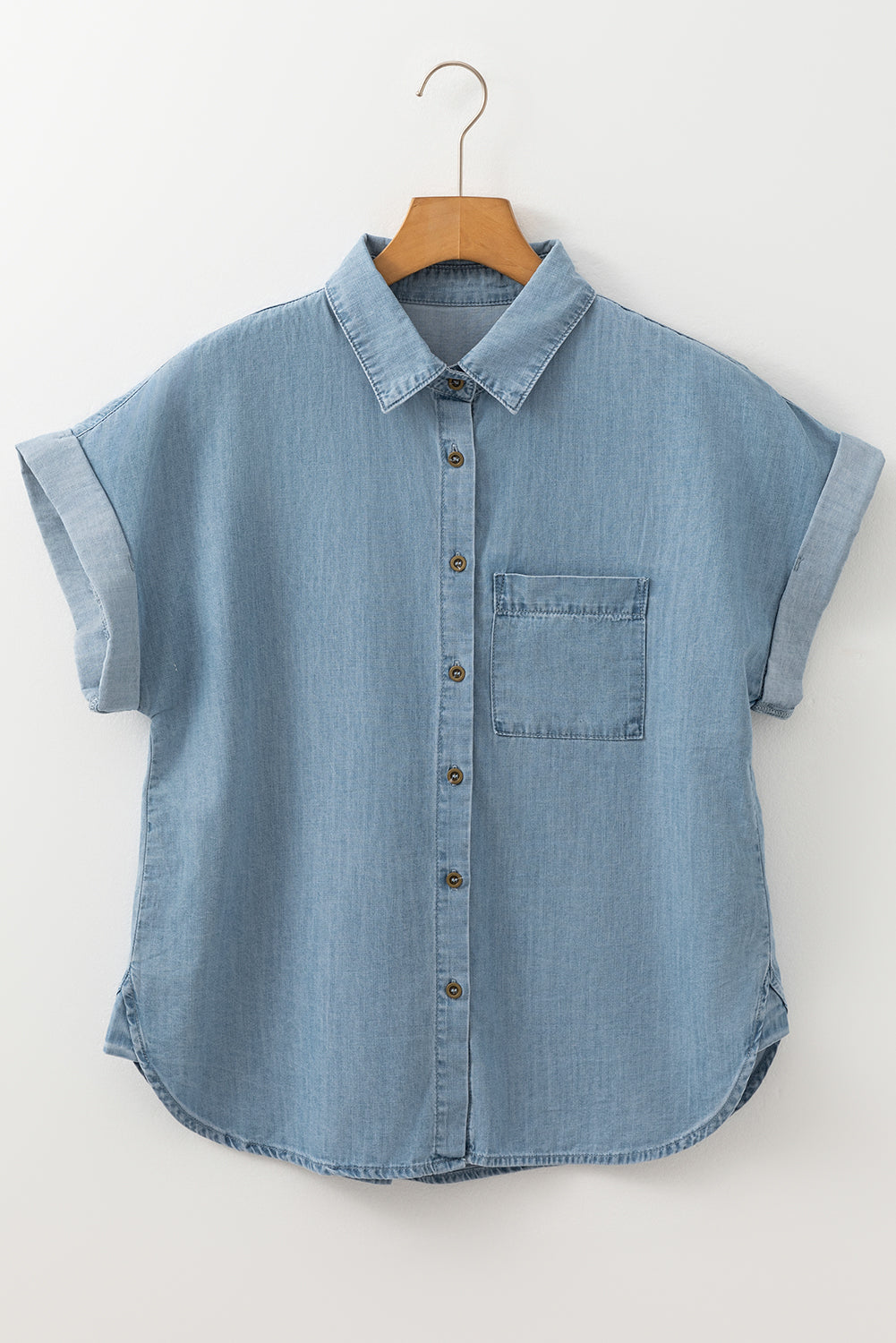 Dusk Blue Folded Short Sleeve Patched Pocket Denim Shirt eAura