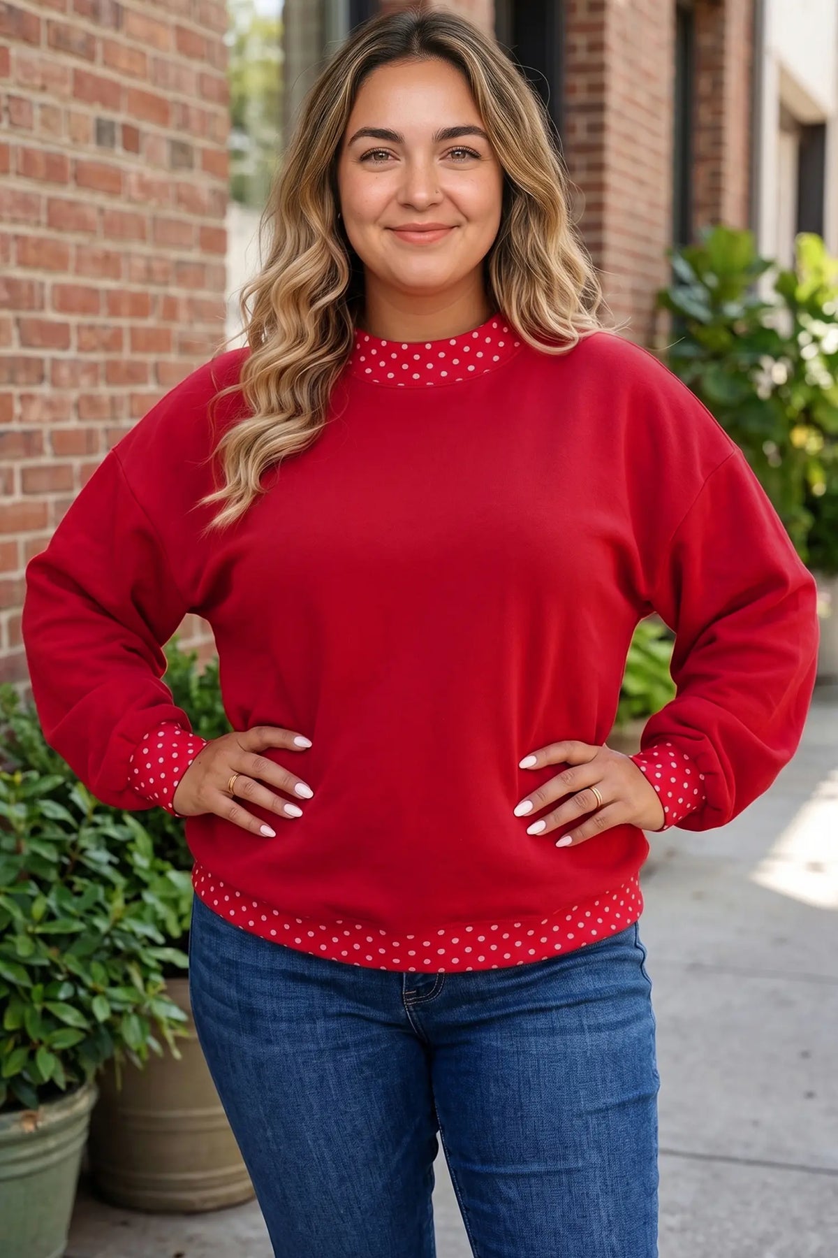 Polka Dot Patchwork Round Neck Plus Size Sweatshirt – Racing Red