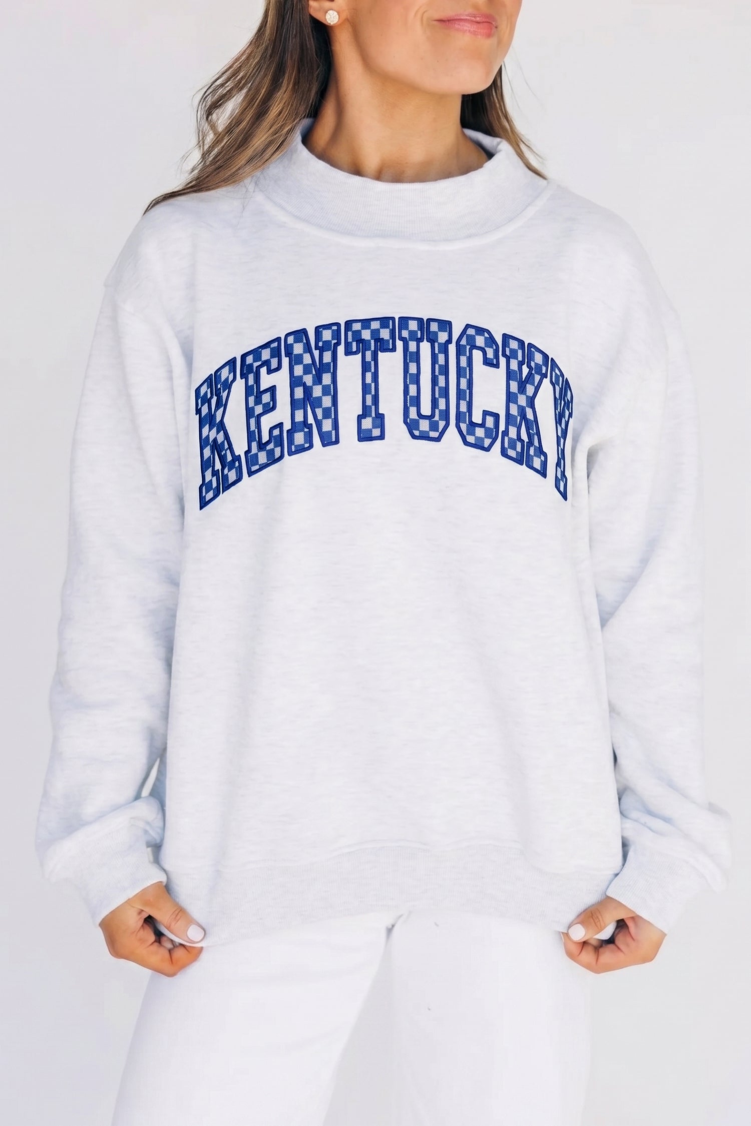 High Neck Embroidered Checkered Letter Game Day Sweatshirt – Light Grey